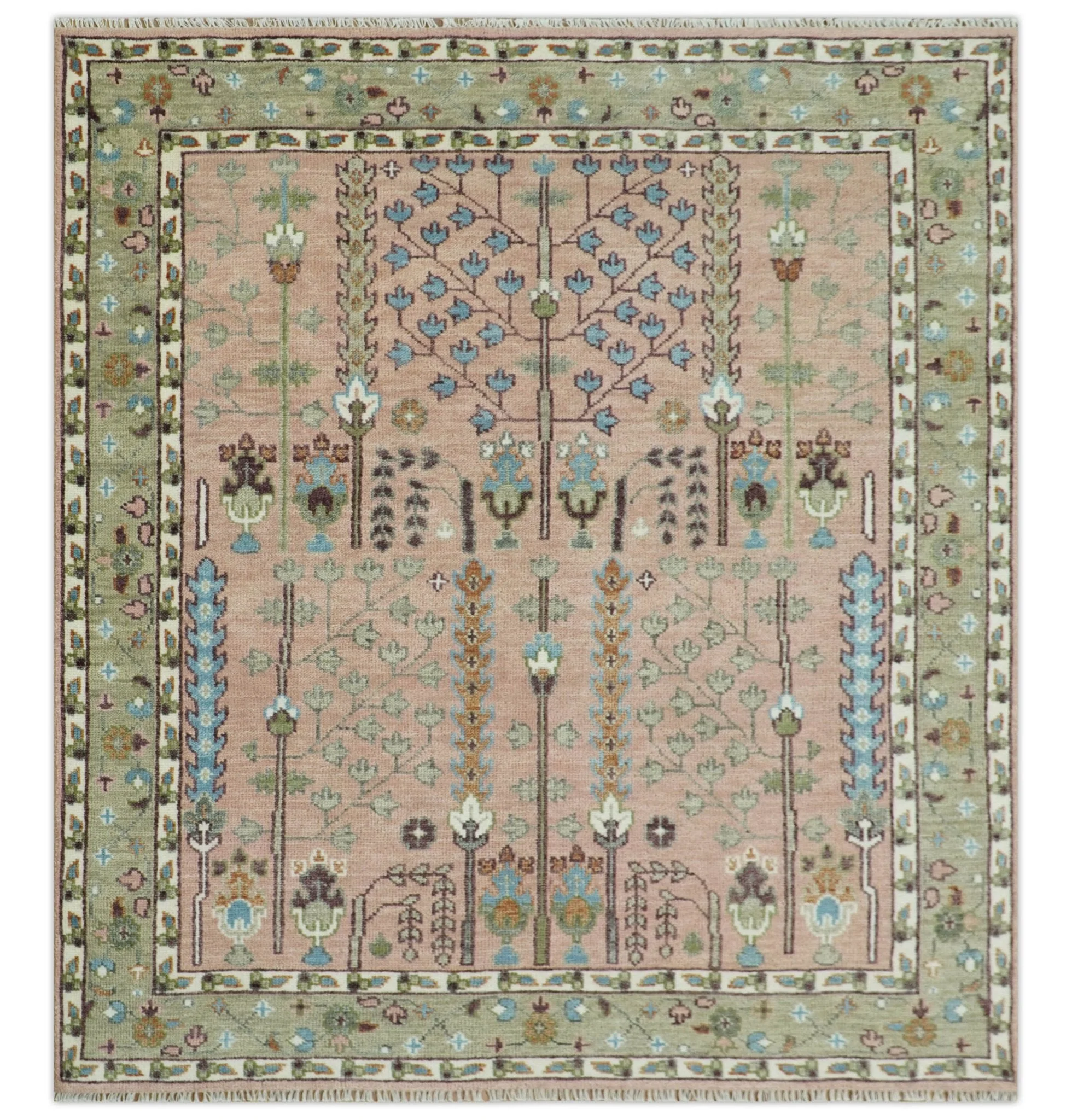 Ready to Ship Pink, Olive and Beige Traditional Vintage Style Tree Wool Rug - Image 15