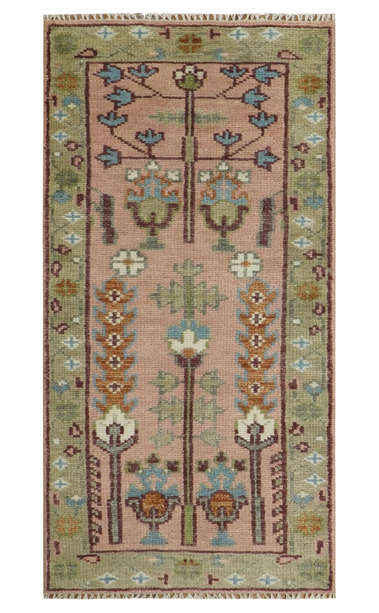 Ready to Ship Pink, Olive and Beige Traditional Vintage Style Tree Wool Rug - Image 16