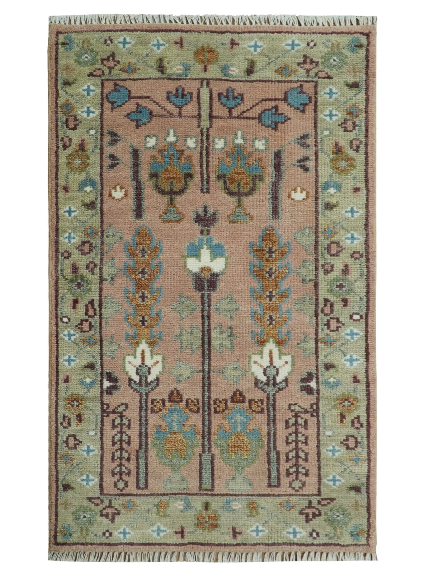 Ready to Ship Pink, Olive and Beige Traditional Vintage Style Tree Wool Rug - Image 17