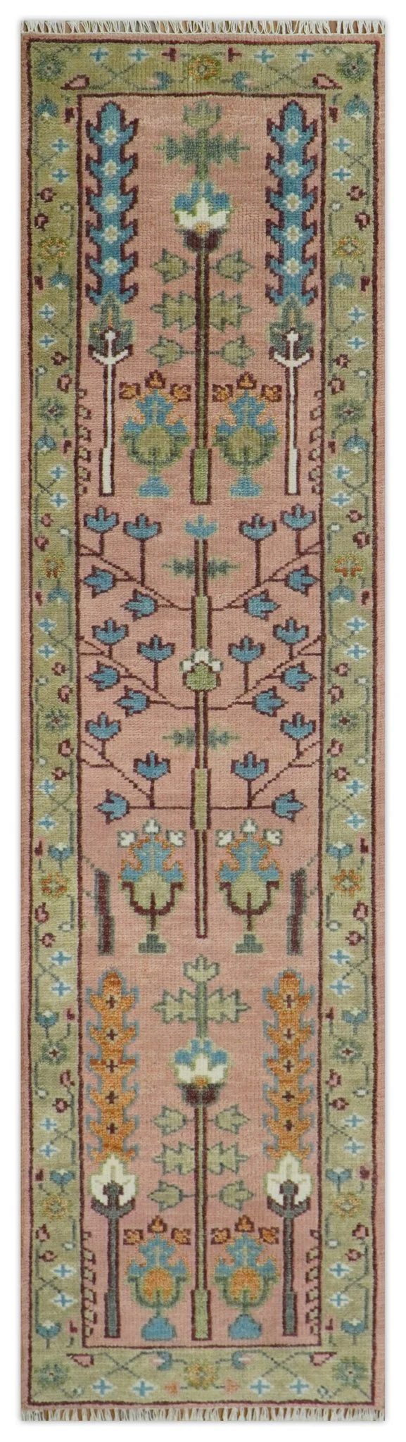 Ready to Ship Pink, Olive and Beige Traditional Vintage Style Tree Wool Rug - Image 18