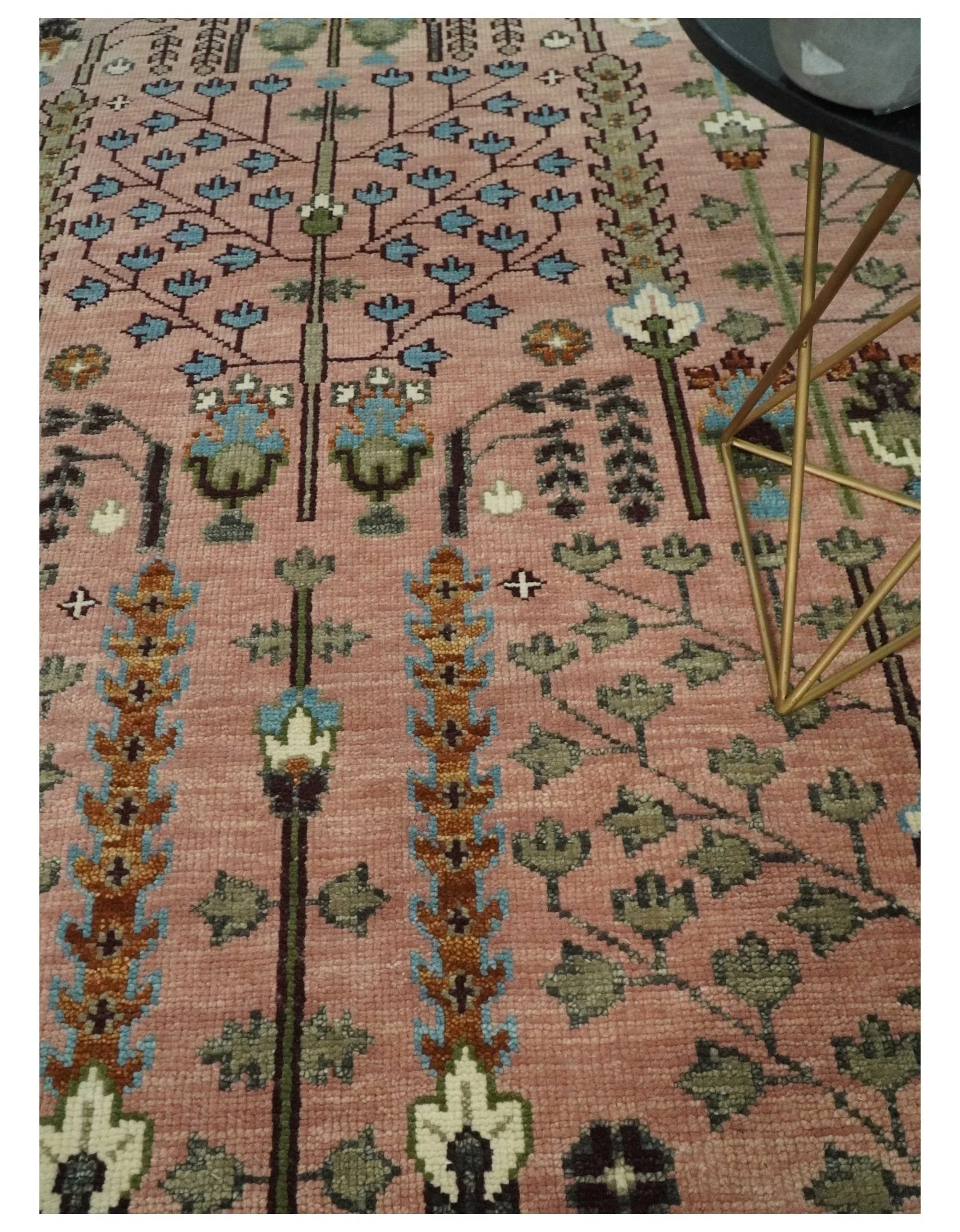 Ready to Ship Pink, Olive and Beige Traditional Vintage Style Tree Wool Rug - Image 2