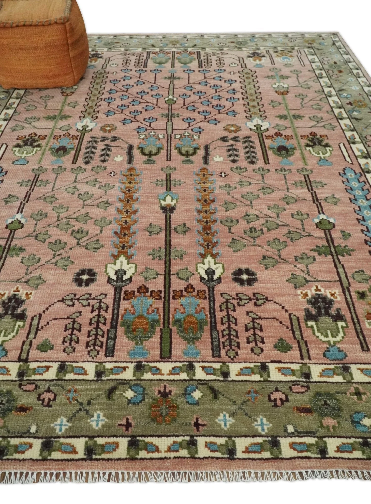 Ready to Ship Pink, Olive and Beige Traditional Vintage Style Tree Wool Rug - Image 3