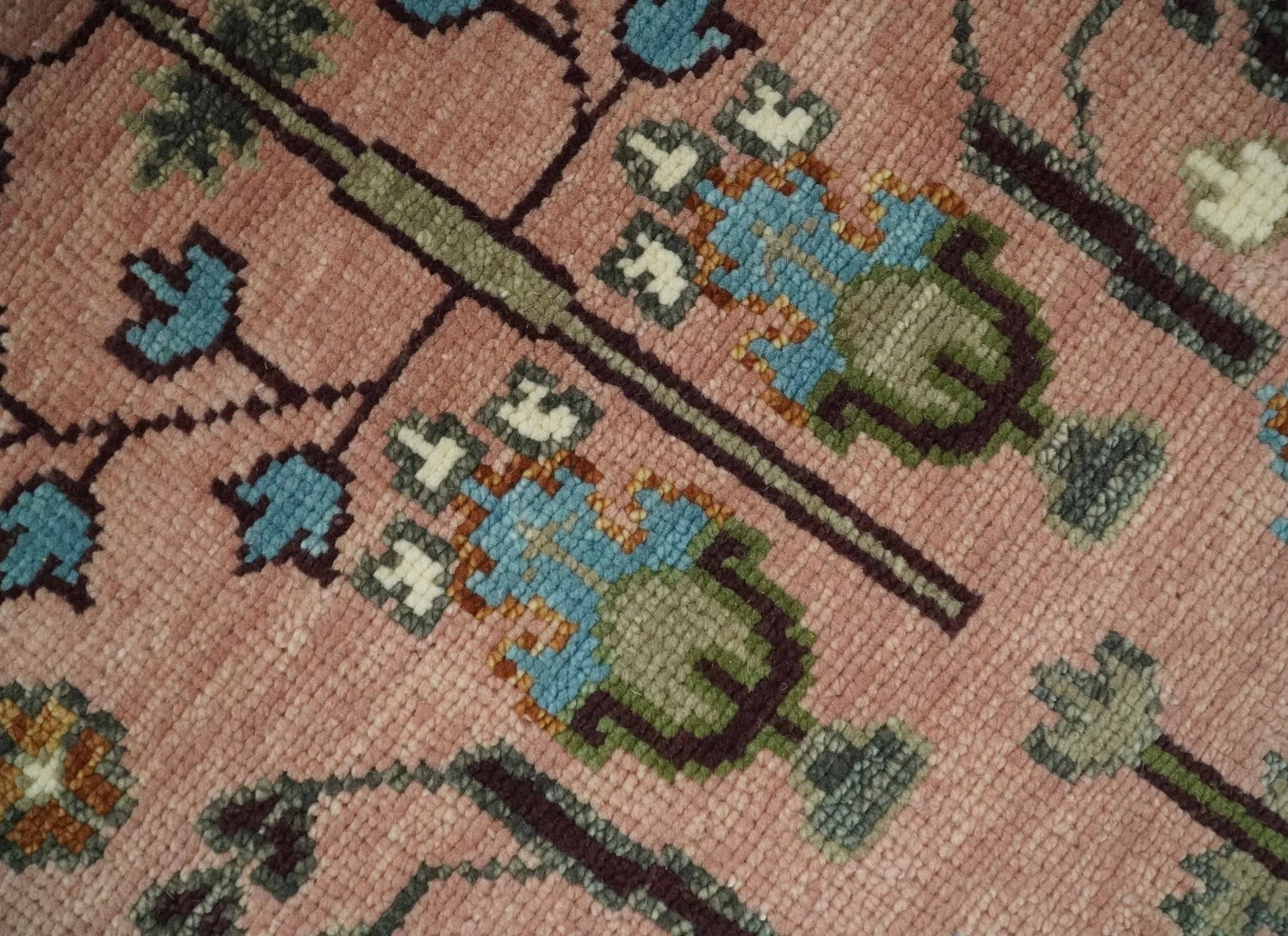 Ready to Ship Pink, Olive and Beige Traditional Vintage Style Tree Wool Rug - Image 4