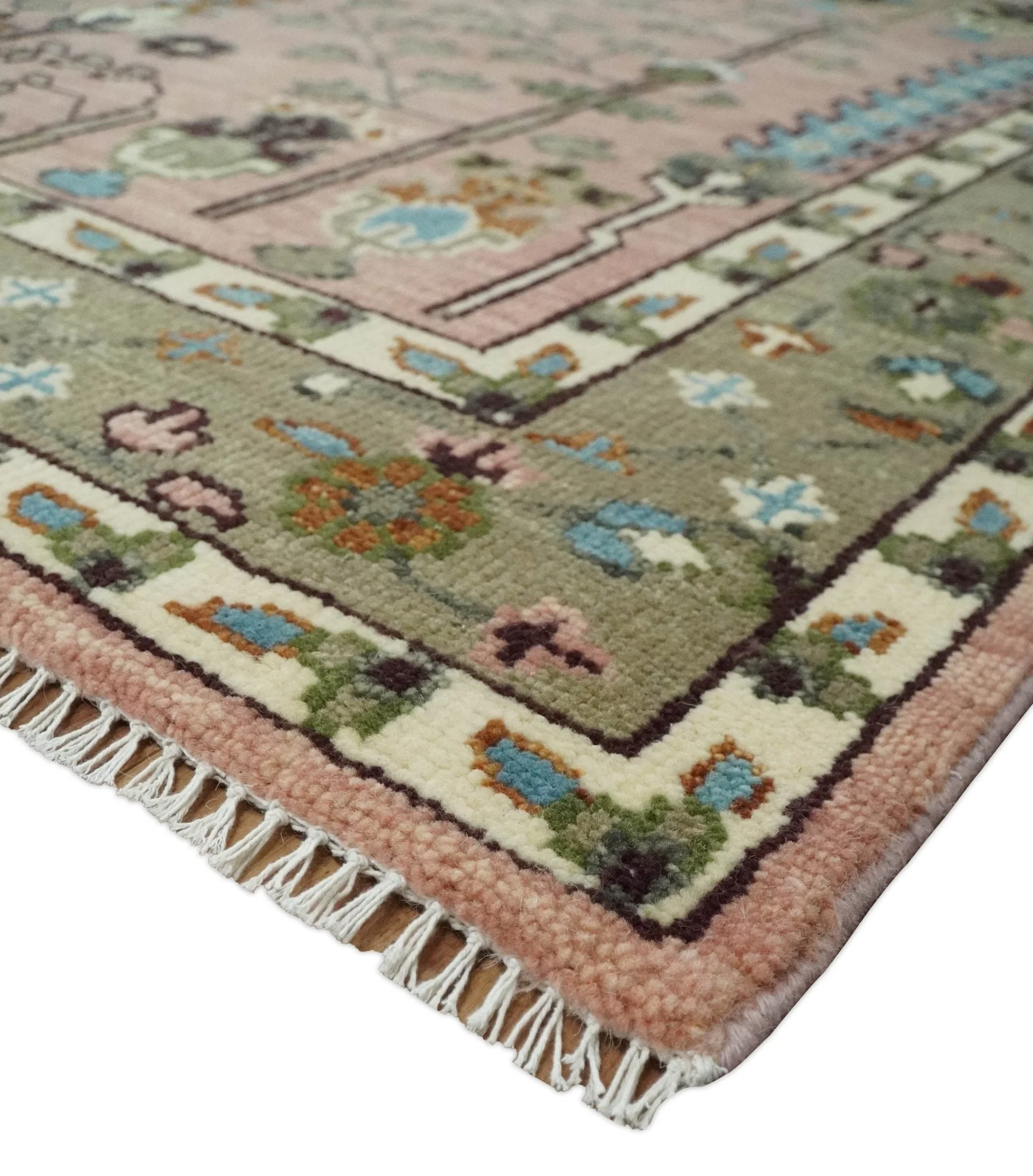 Ready to Ship Pink, Olive and Beige Traditional Vintage Style Tree Wool Rug - Image 5