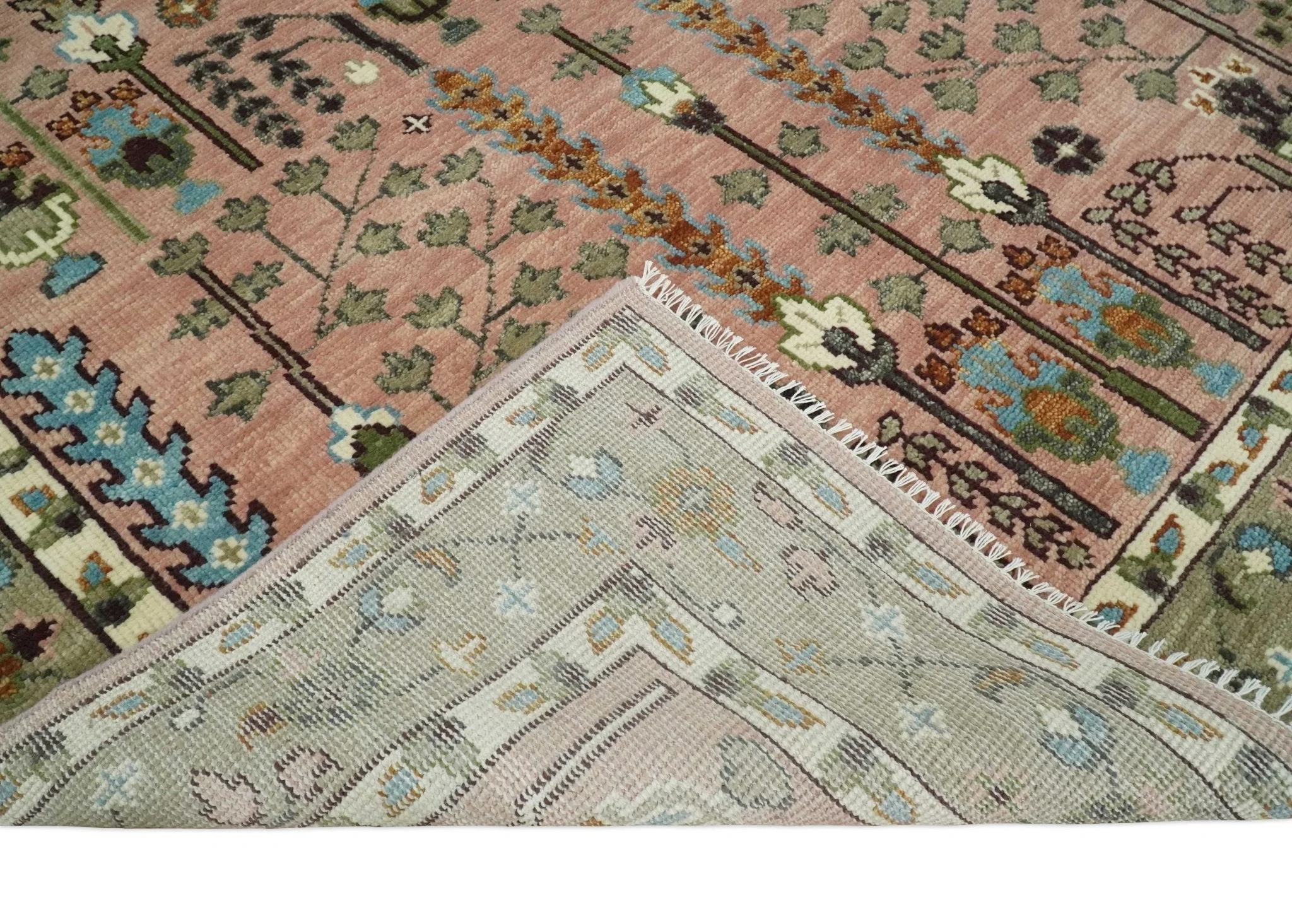 Ready to Ship Pink, Olive and Beige Traditional Vintage Style Tree Wool Rug - Image 6