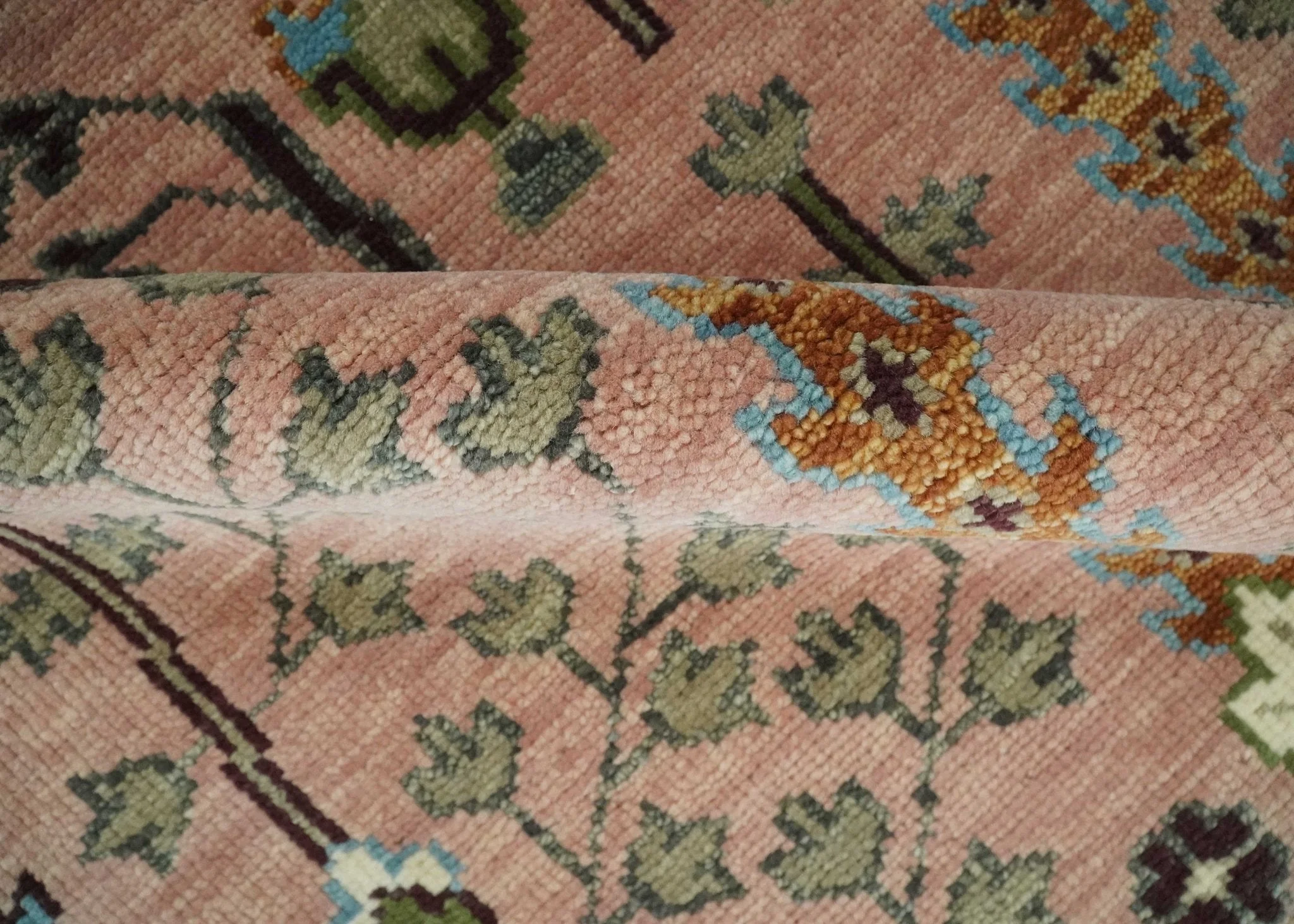 Ready to Ship Pink, Olive and Beige Traditional Vintage Style Tree Wool Rug - Image 7