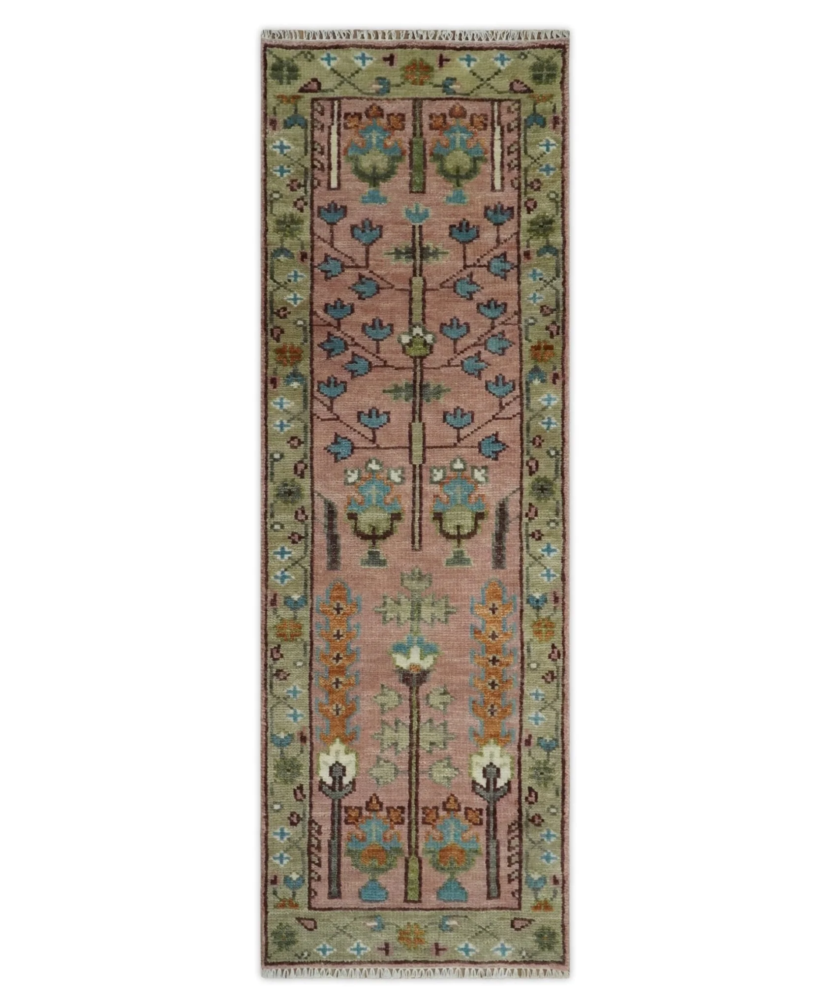Ready to Ship Pink, Olive and Beige Traditional Vintage Style Tree Wool Rug - Image 9