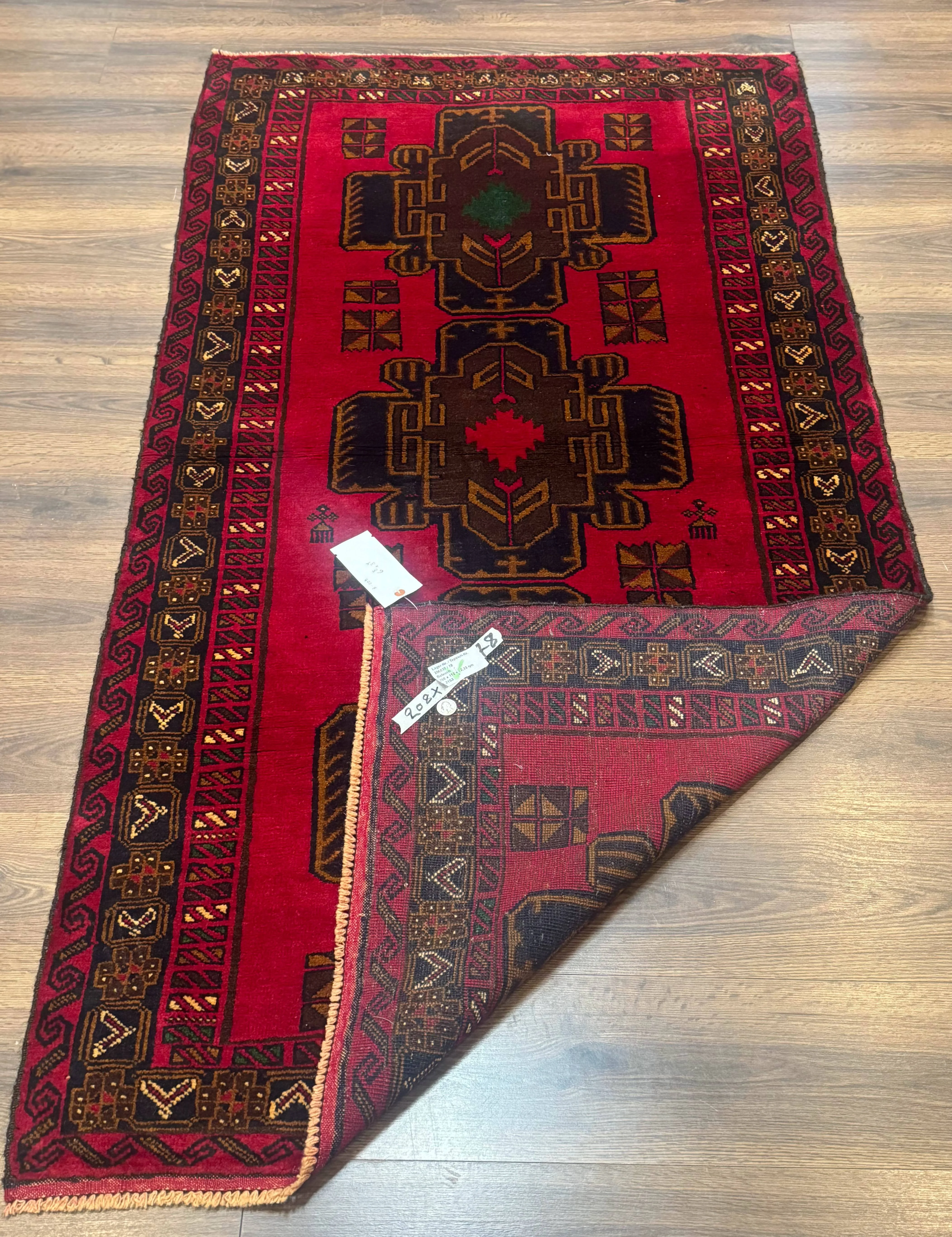 Red Afghan Balouch Rug 4x7, Triple Medallions, Handmade, New - Image 10