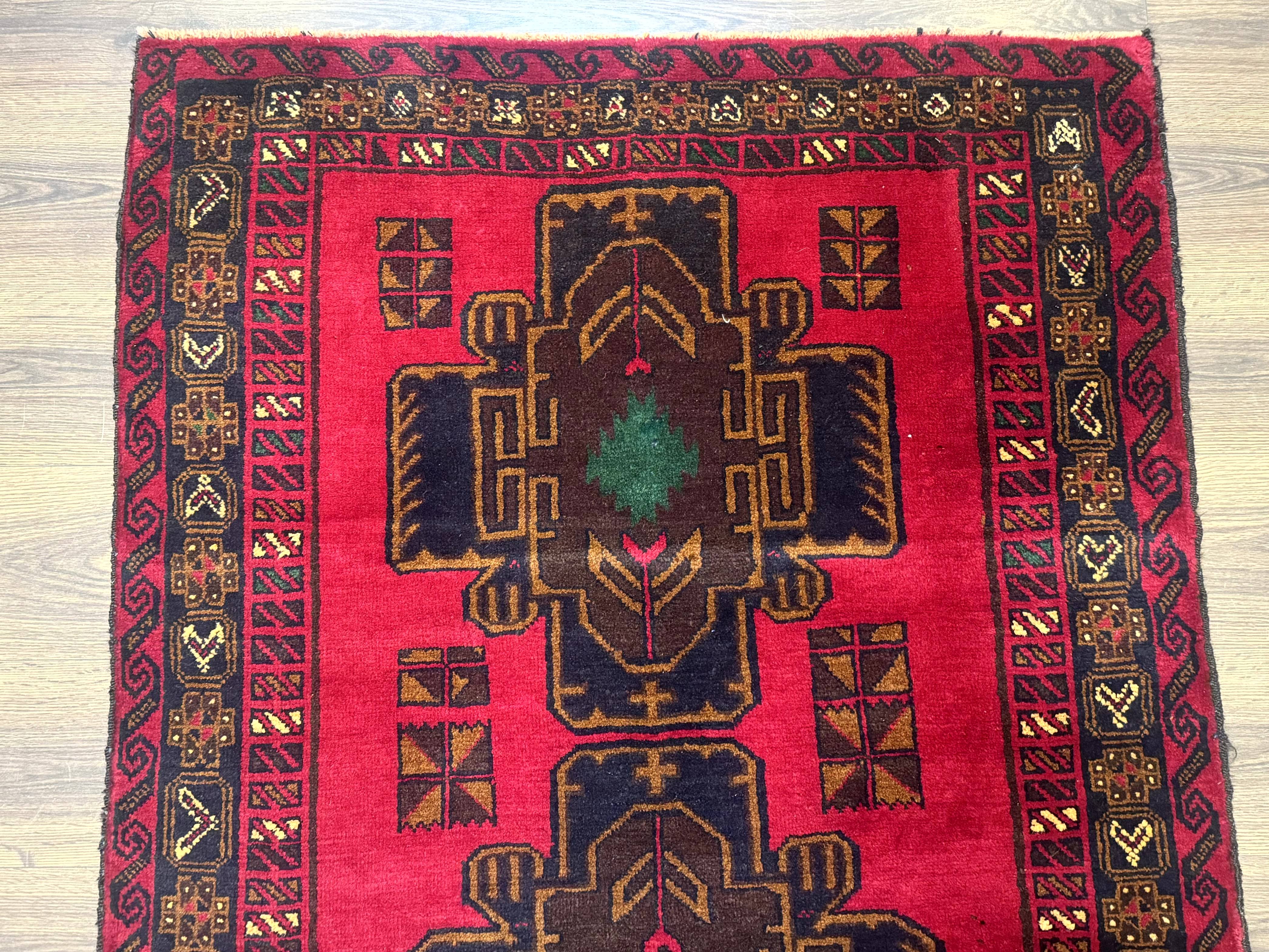 Red Afghan Balouch Rug 4x7, Triple Medallions, Handmade, New - Image 2