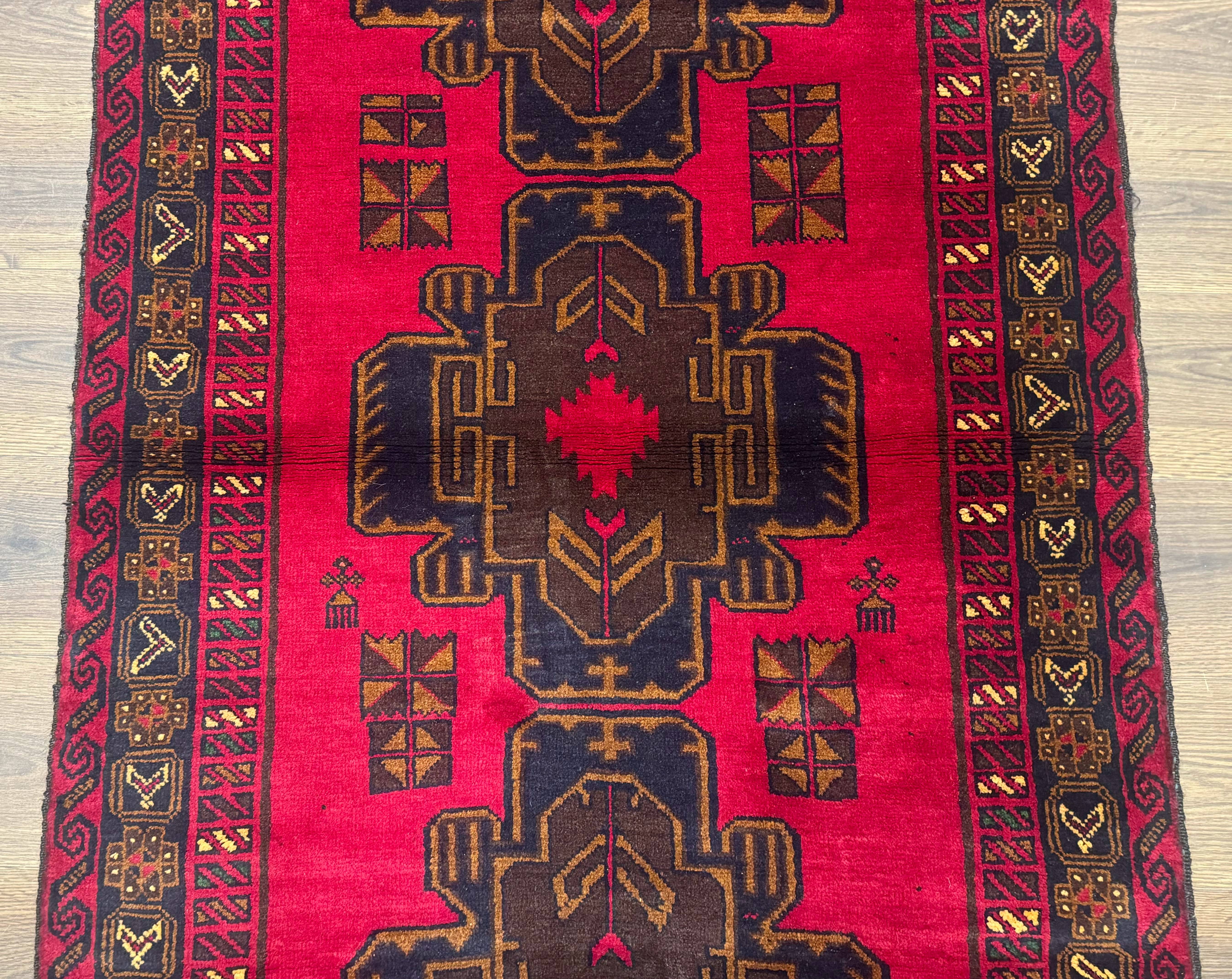 Red Afghan Balouch Rug 4x7, Triple Medallions, Handmade, New - Image 3