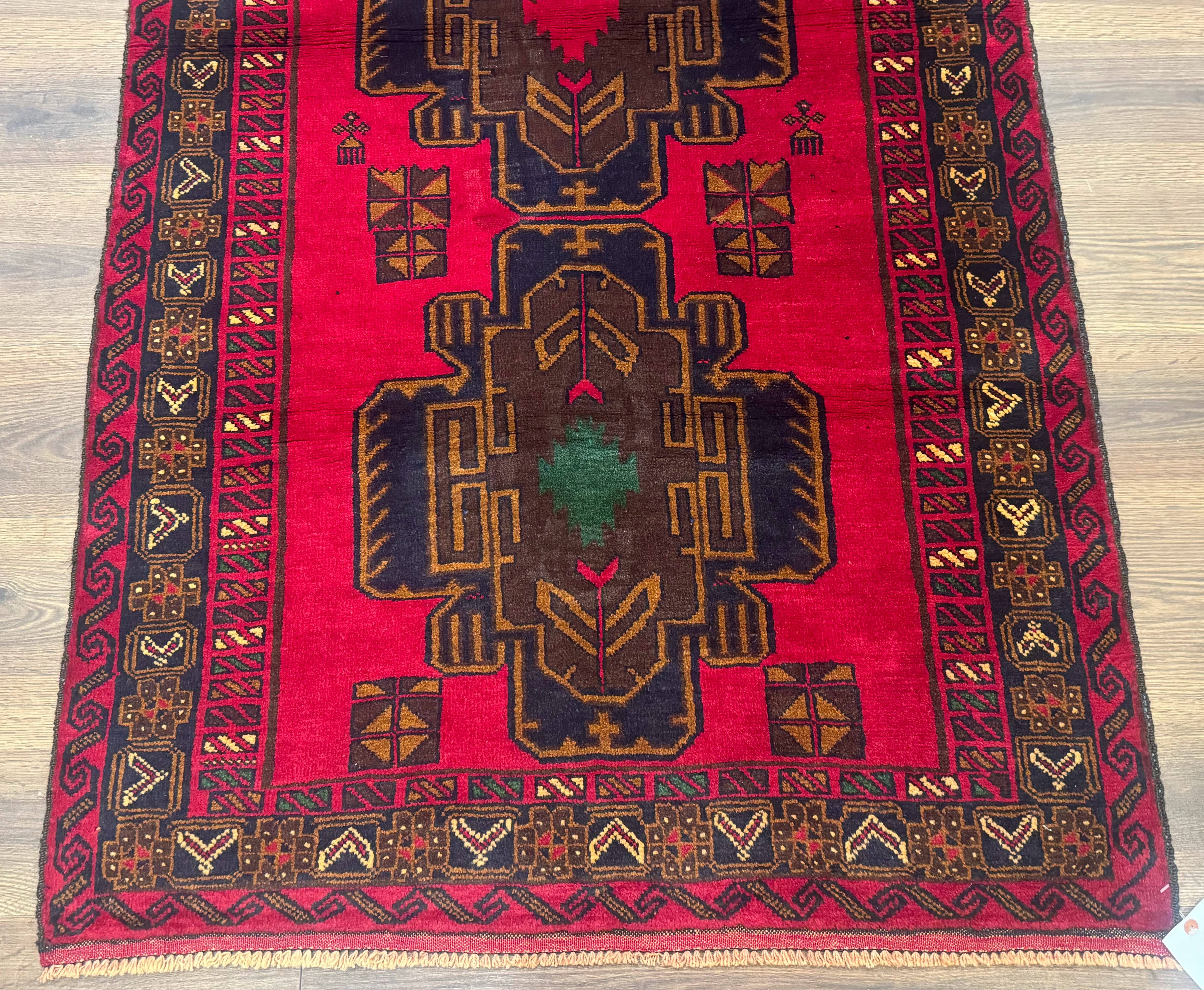 Red Afghan Balouch Rug 4x7, Triple Medallions, Handmade, New - Image 4