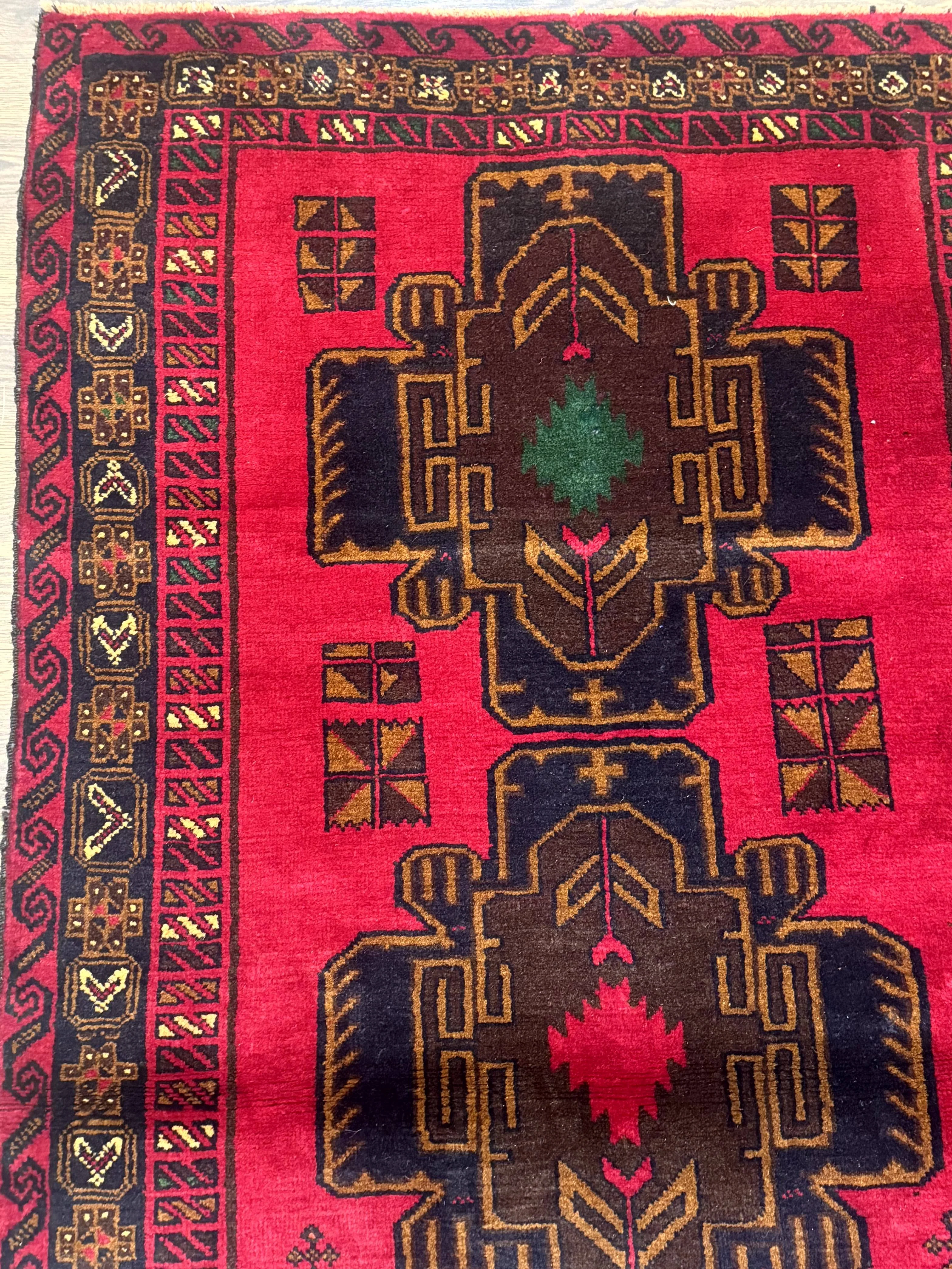 Red Afghan Balouch Rug 4x7, Triple Medallions, Handmade, New - Image 5