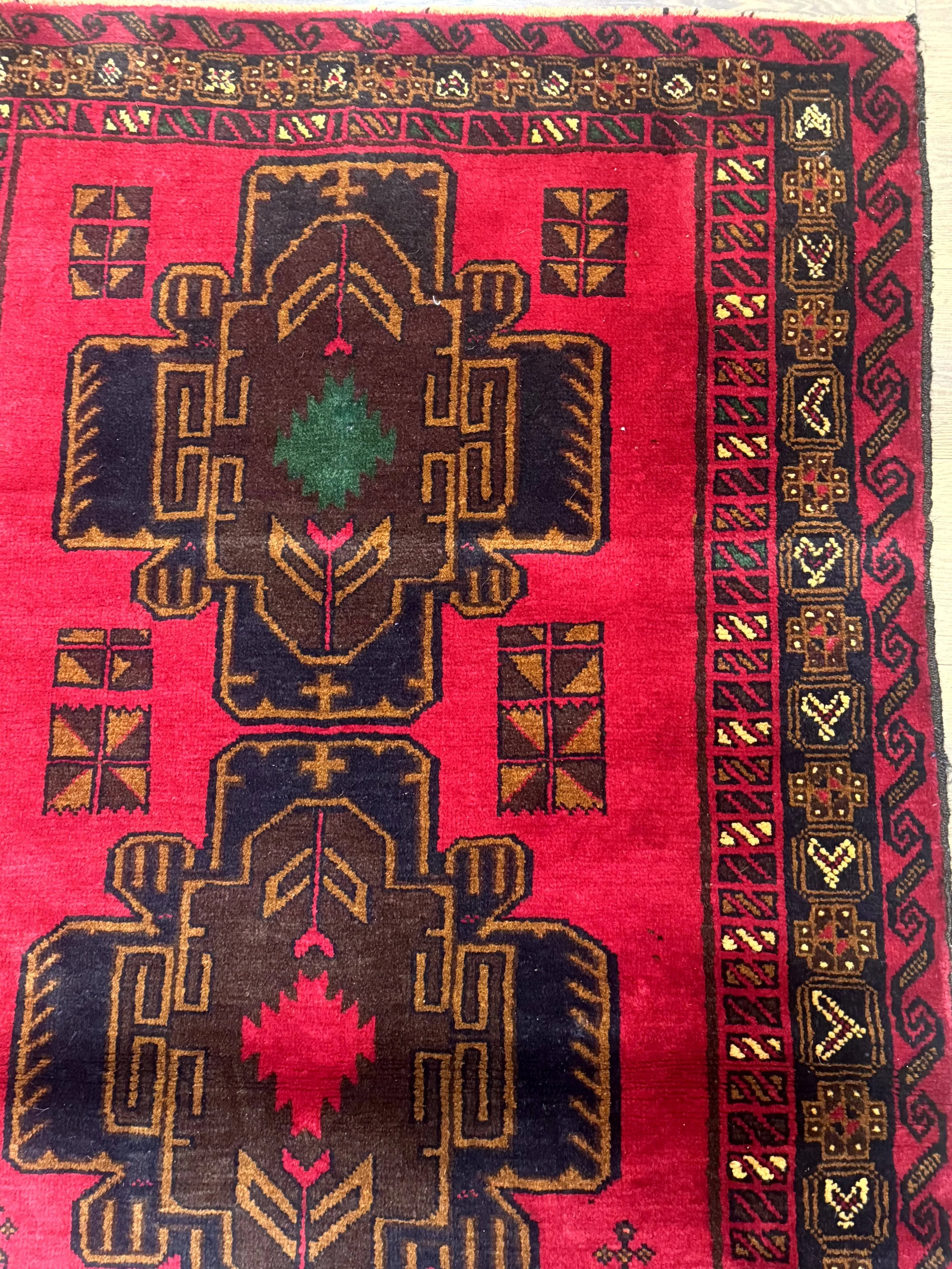 Red Afghan Balouch Rug 4x7, Triple Medallions, Handmade, New - Image 6