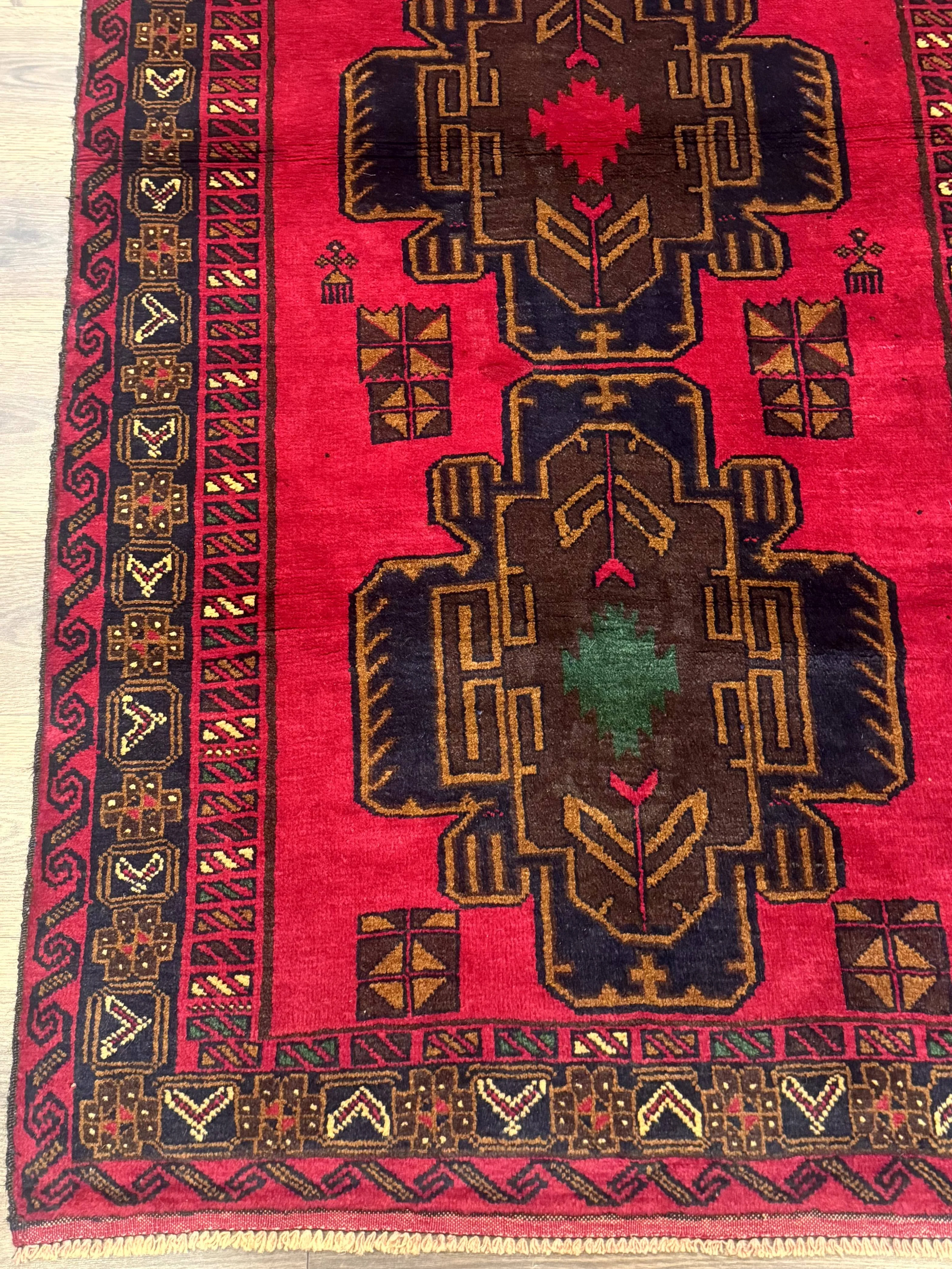 Red Afghan Balouch Rug 4x7, Triple Medallions, Handmade, New - Image 7