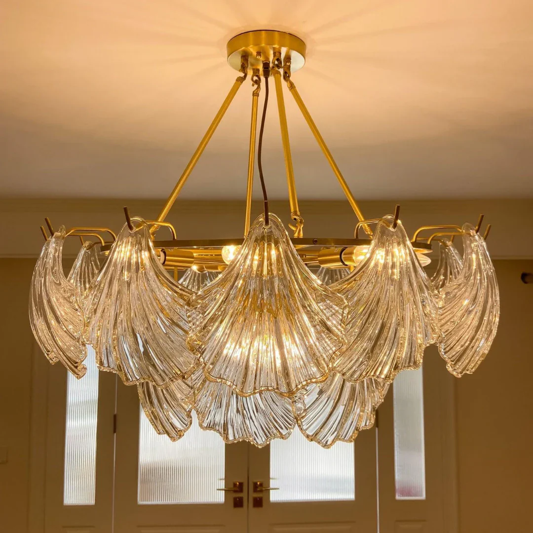 Ribbed Glass Shell Brass Chandelier - Image 10