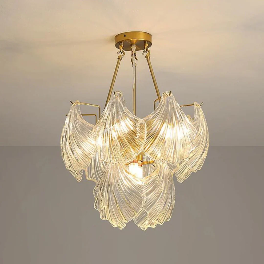 Ribbed Glass Shell Brass Chandelier - Image 13