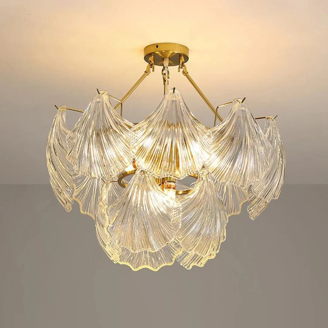 Ribbed Glass Shell Brass Chandelier - Image 15