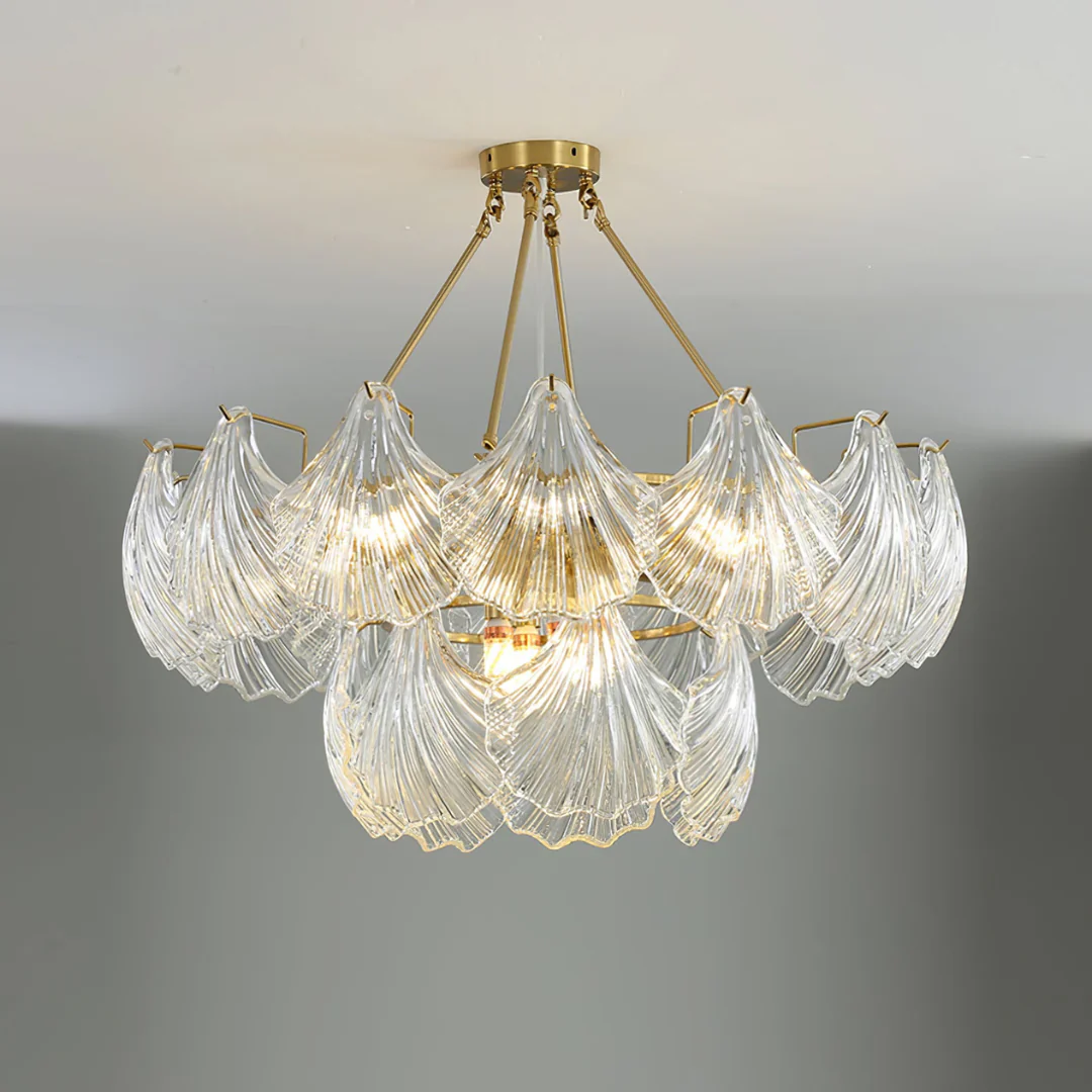 Ribbed Glass Shell Brass Chandelier - Image 16