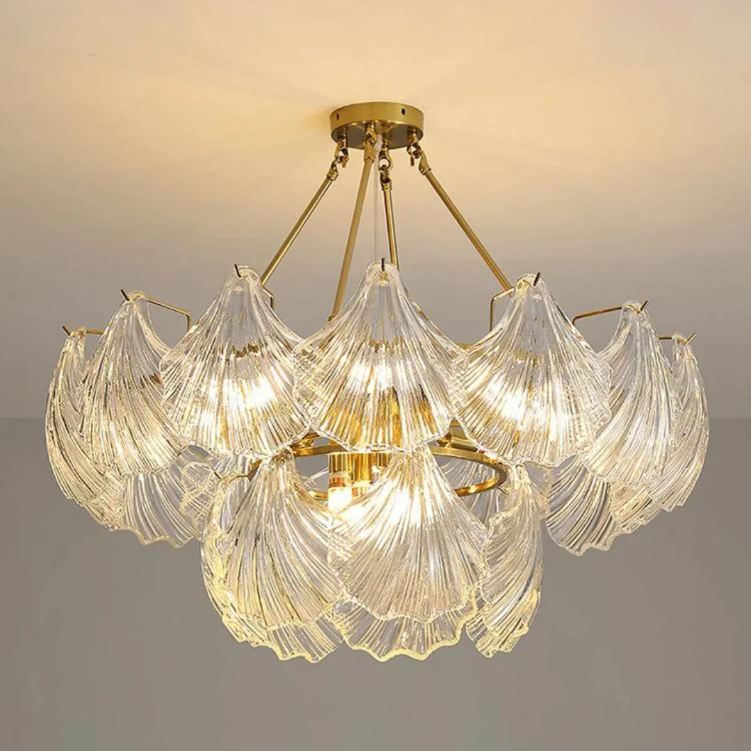 Ribbed Glass Shell Brass Chandelier - Image 17