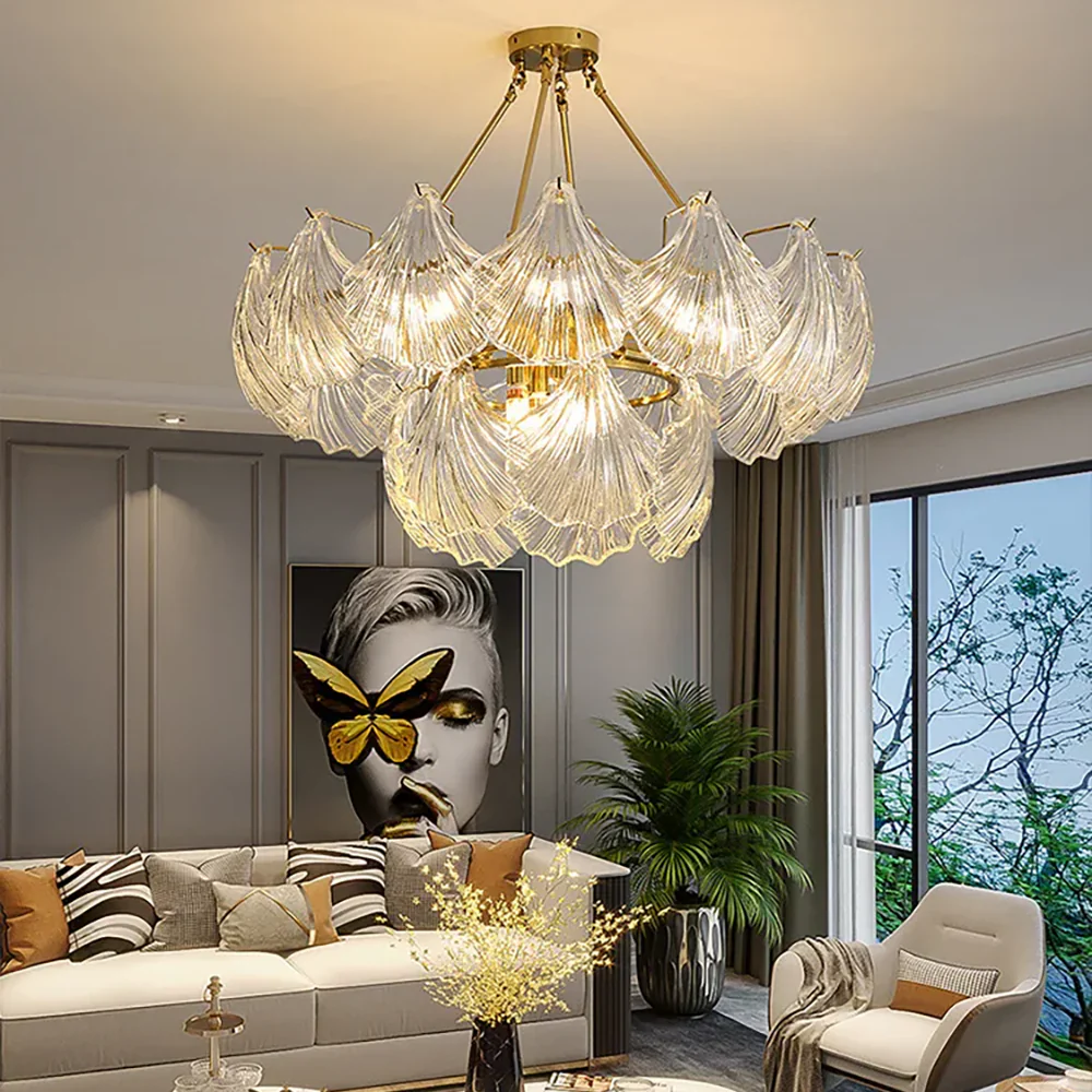 Ribbed Glass Shell Brass Chandelier - Image 2