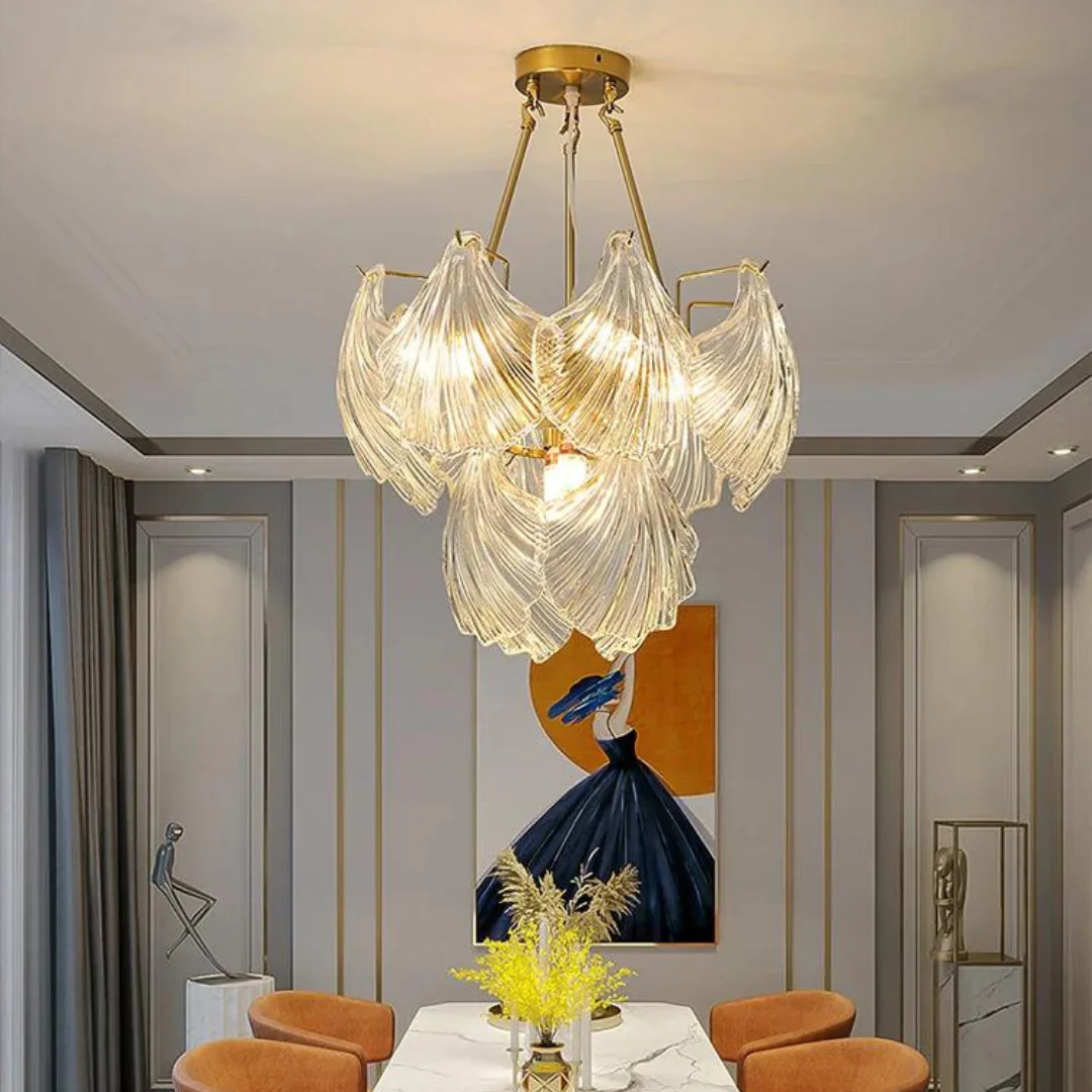 Ribbed Glass Shell Brass Chandelier - Image 3