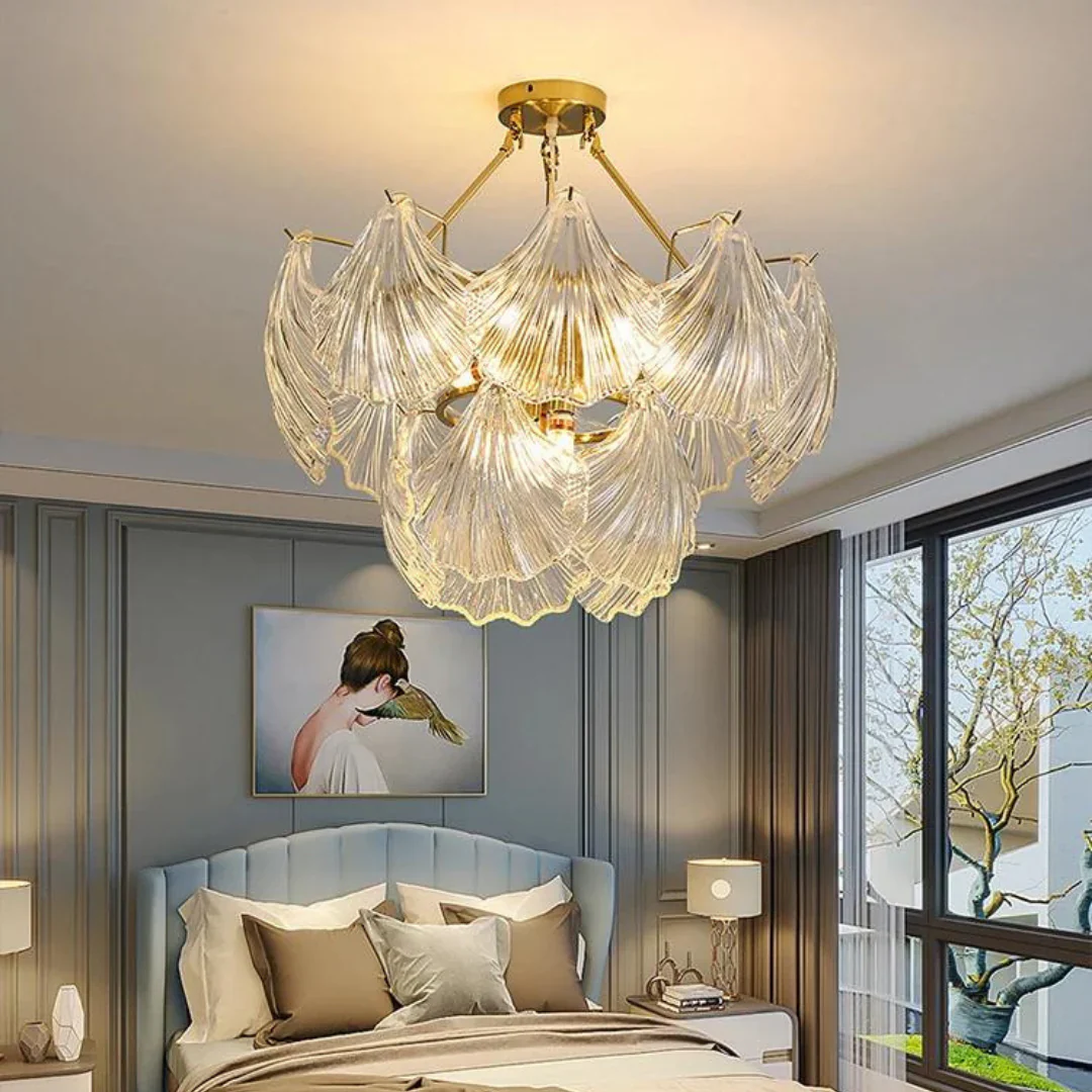 Ribbed Glass Shell Brass Chandelier - Image 4