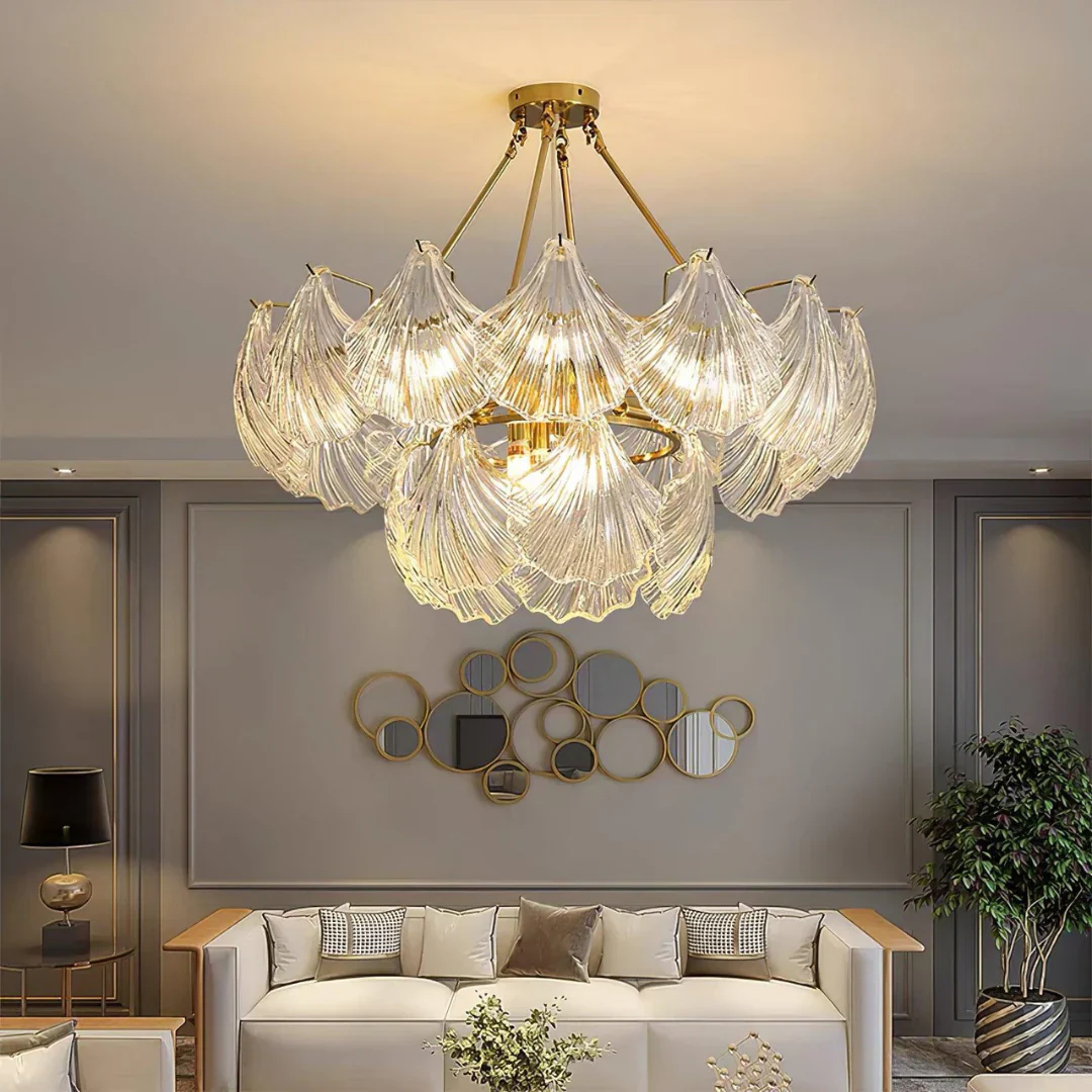 Ribbed Glass Shell Brass Chandelier - Image 5