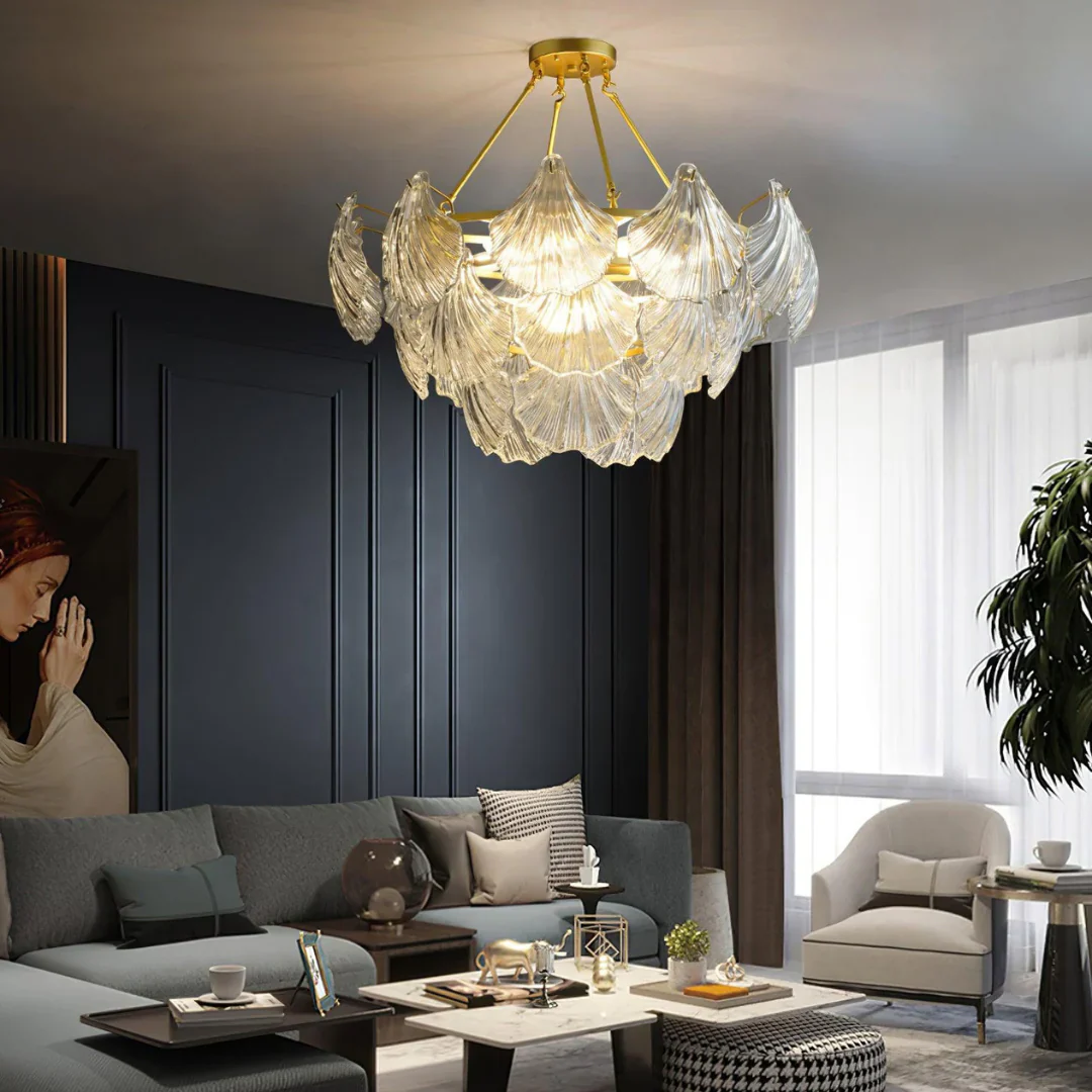Ribbed Glass Shell Brass Chandelier - Image 6