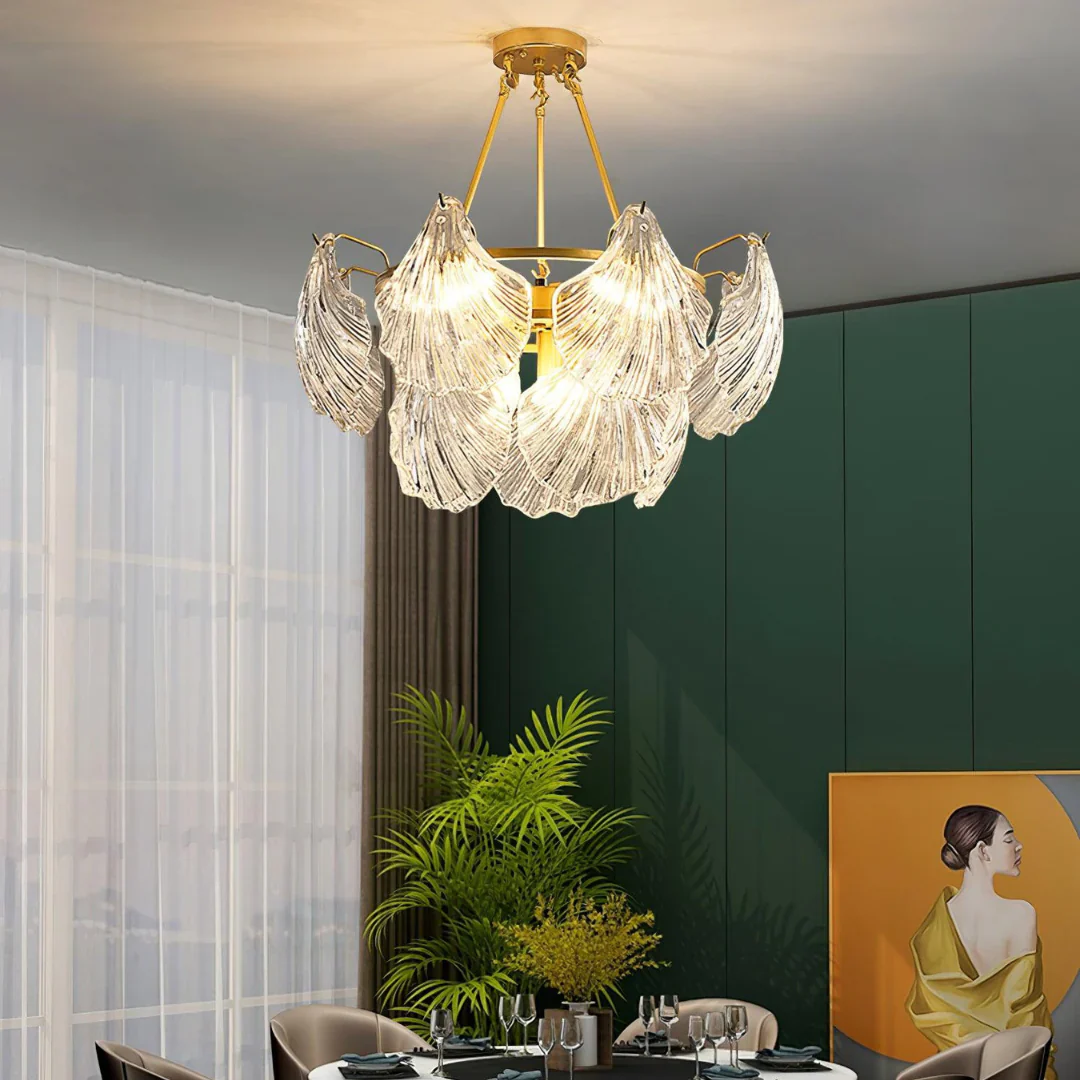 Ribbed Glass Shell Brass Chandelier - Image 7