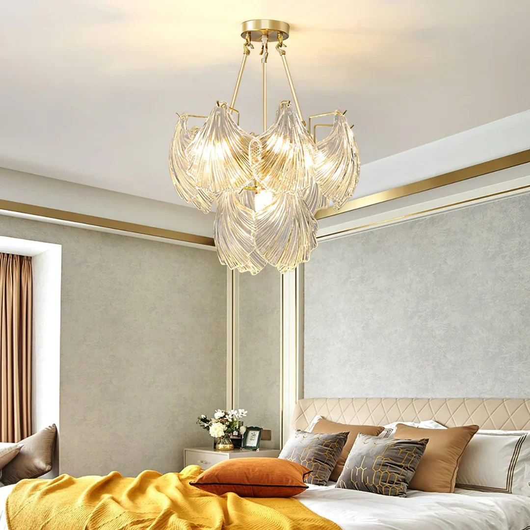 Ribbed Glass Shell Brass Chandelier - Image 8