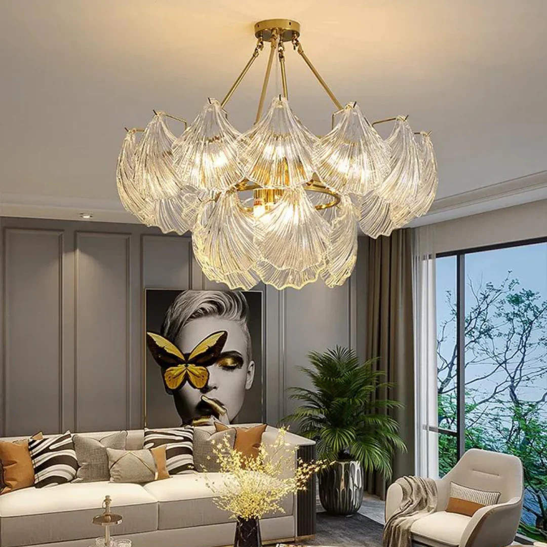 Ribbed Glass Shell Brass Chandelier - Image 9