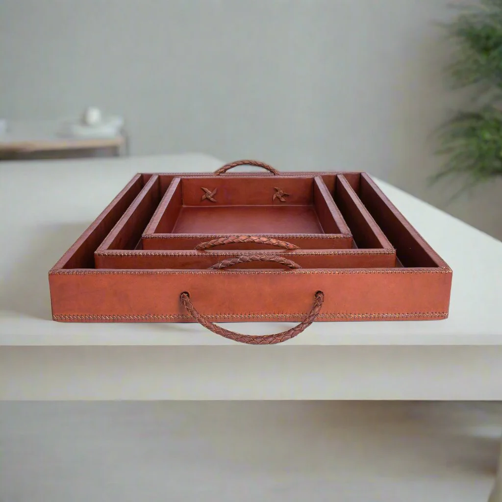 Rosado | Cedar Wood + Leather Ottoman Tray Set with Embroidered Handles - Image 2