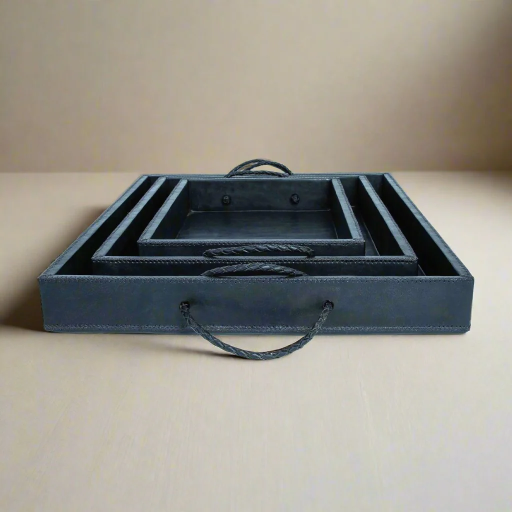 Rosado | Cedar Wood + Leather Ottoman Tray Set with Embroidered Handles - Image 3