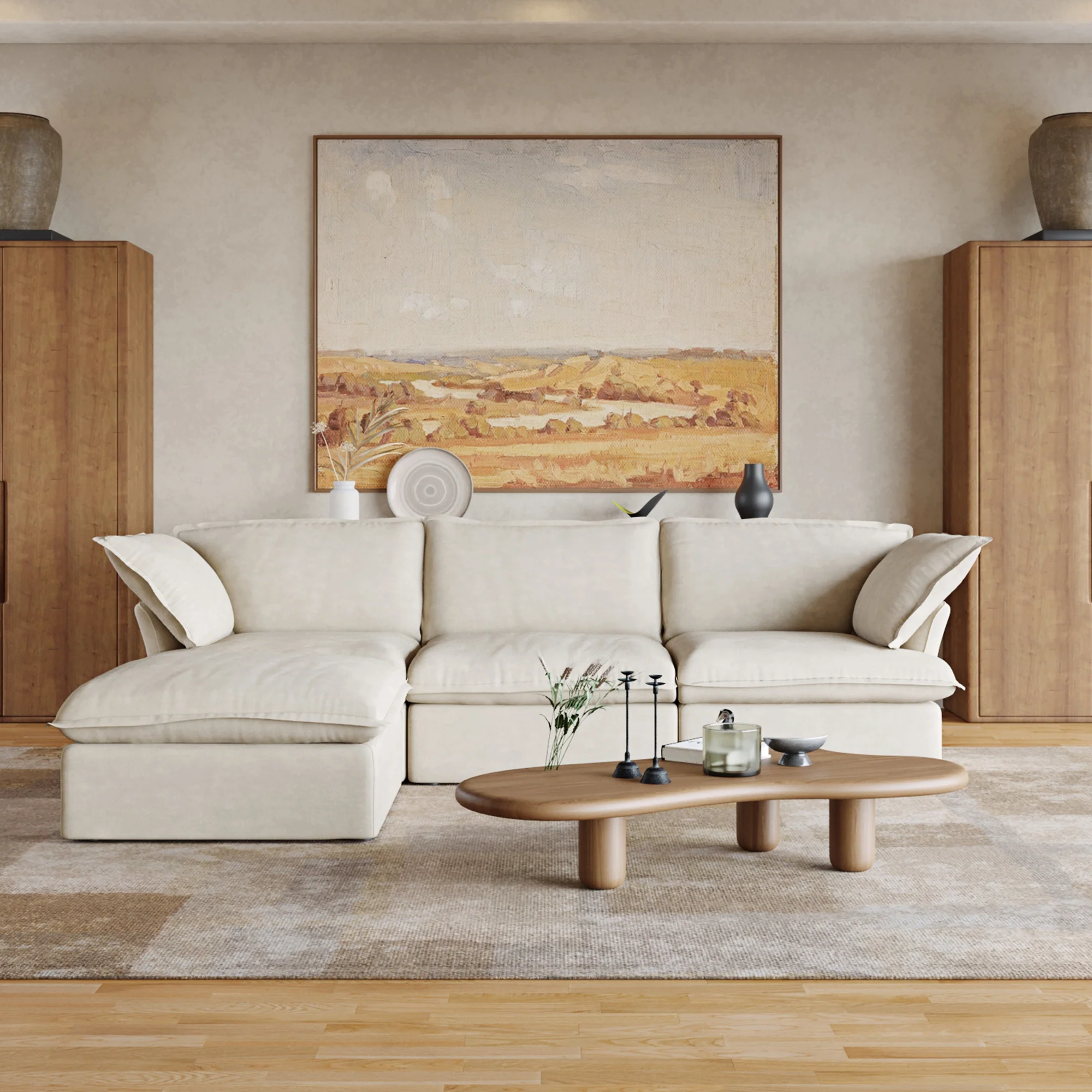 Sabi Modular Boucle Cloud Sofa - Beige - 3-Seater Sectional Sofa with Ottoman