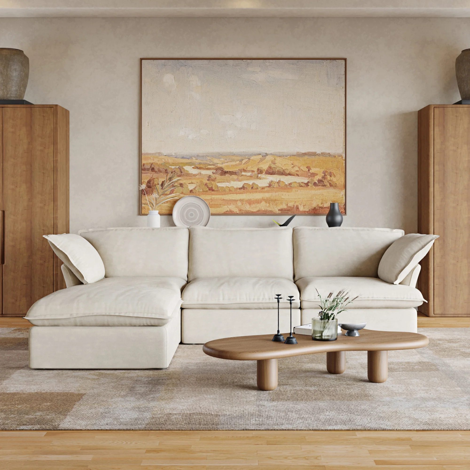 Sabi Modular Boucle Cloud Sofa - Beige - 3-Seater Sectional Sofa with Ottoman - Image 5