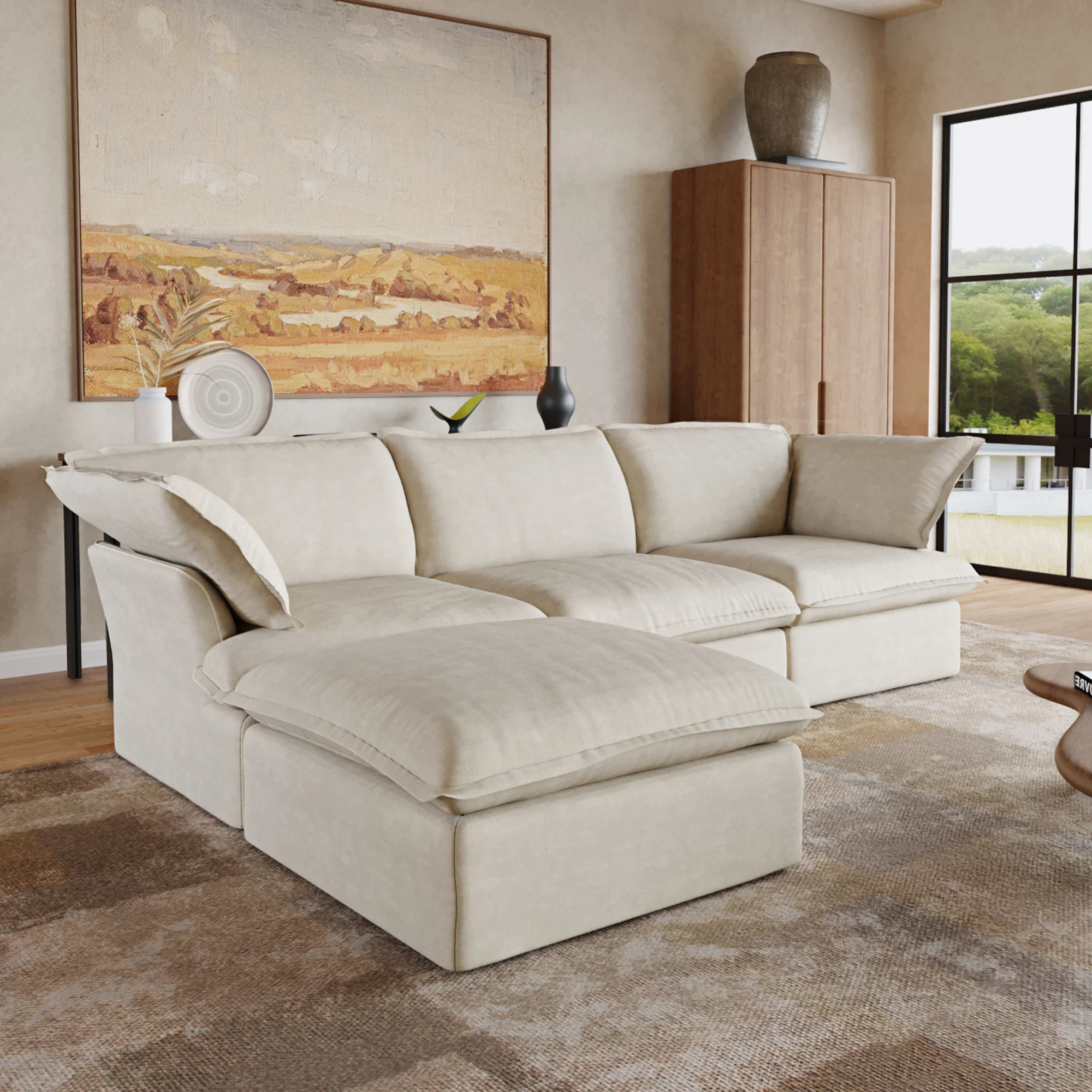 Sabi Modular Boucle Cloud Sofa - Beige - 3-Seater Sectional Sofa with Ottoman - Image 6