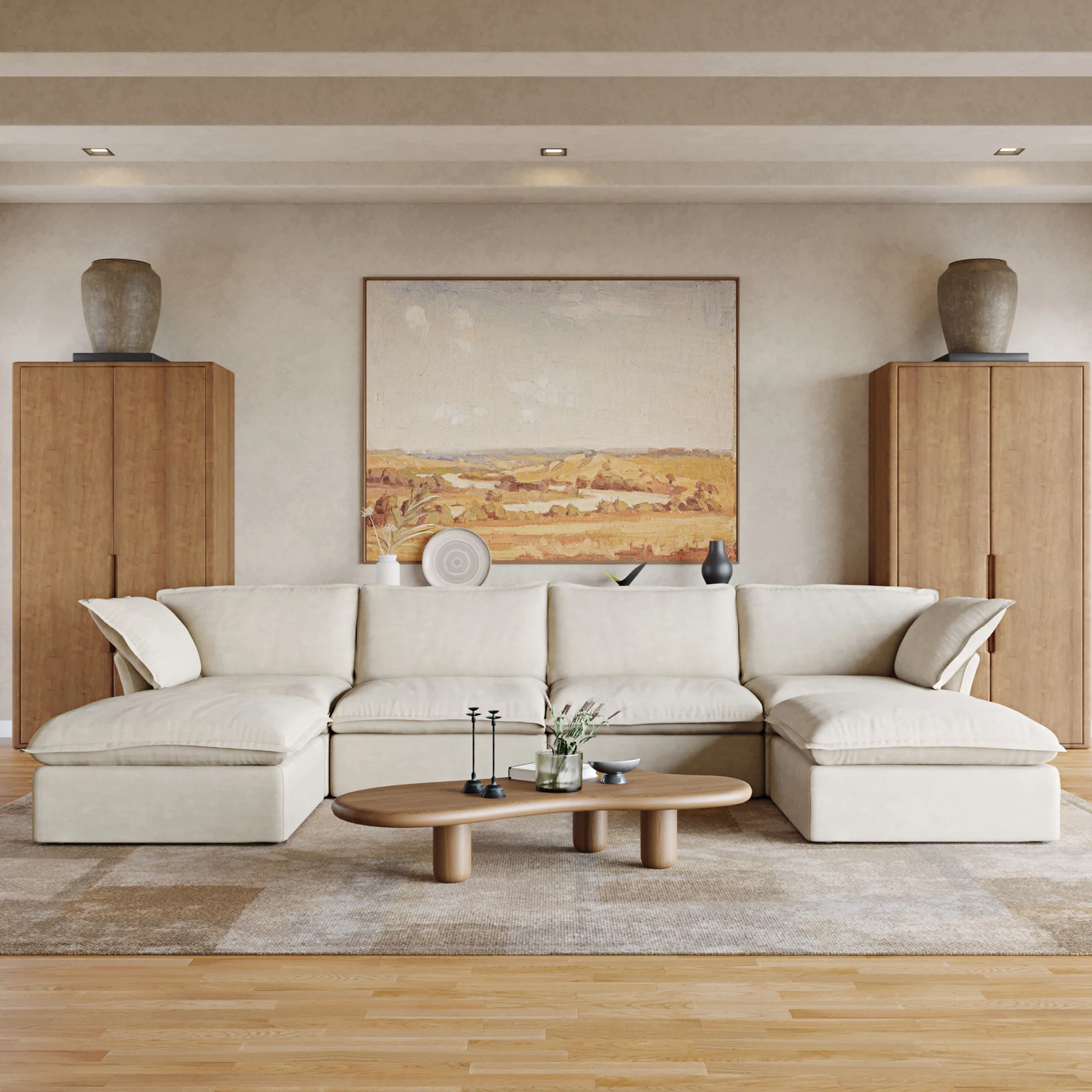 Sabi Modular Boucle Cloud Sofa - Beige - 4-Seater Sectional Sofa with 2 Ottomans