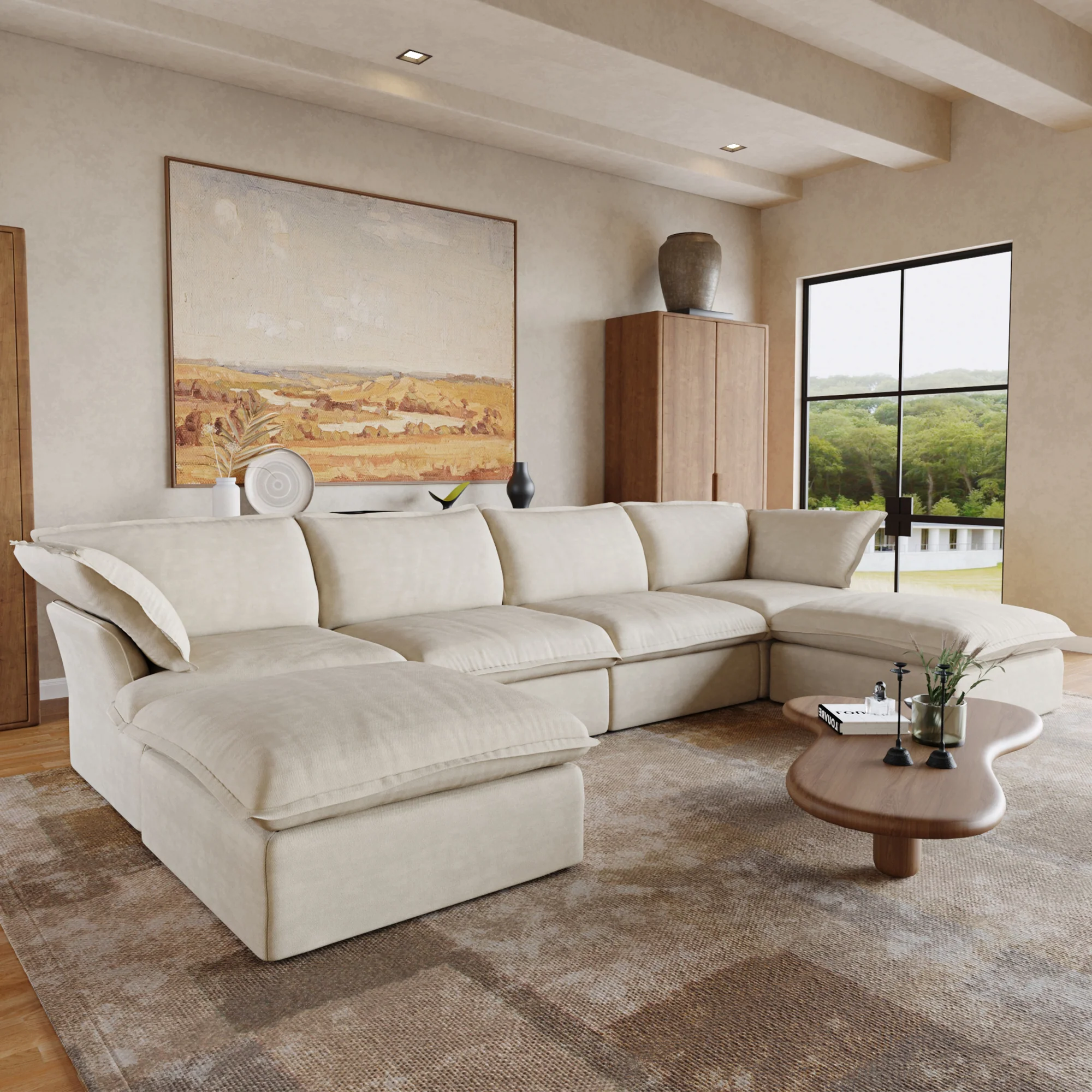 Sabi Modular Boucle Cloud Sofa - Beige - 4-Seater Sectional Sofa with 2 Ottomans - Image 2