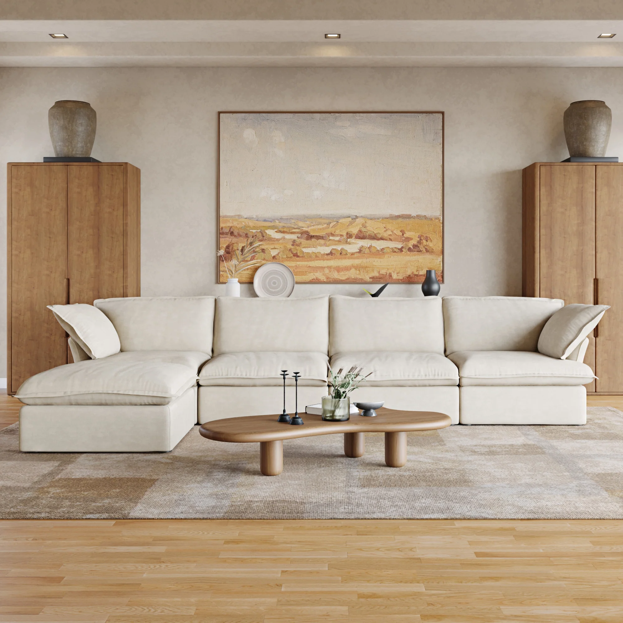 Sabi Modular Boucle Cloud Sofa - Beige - 4-Seater Sectional Sofa with Ottoman