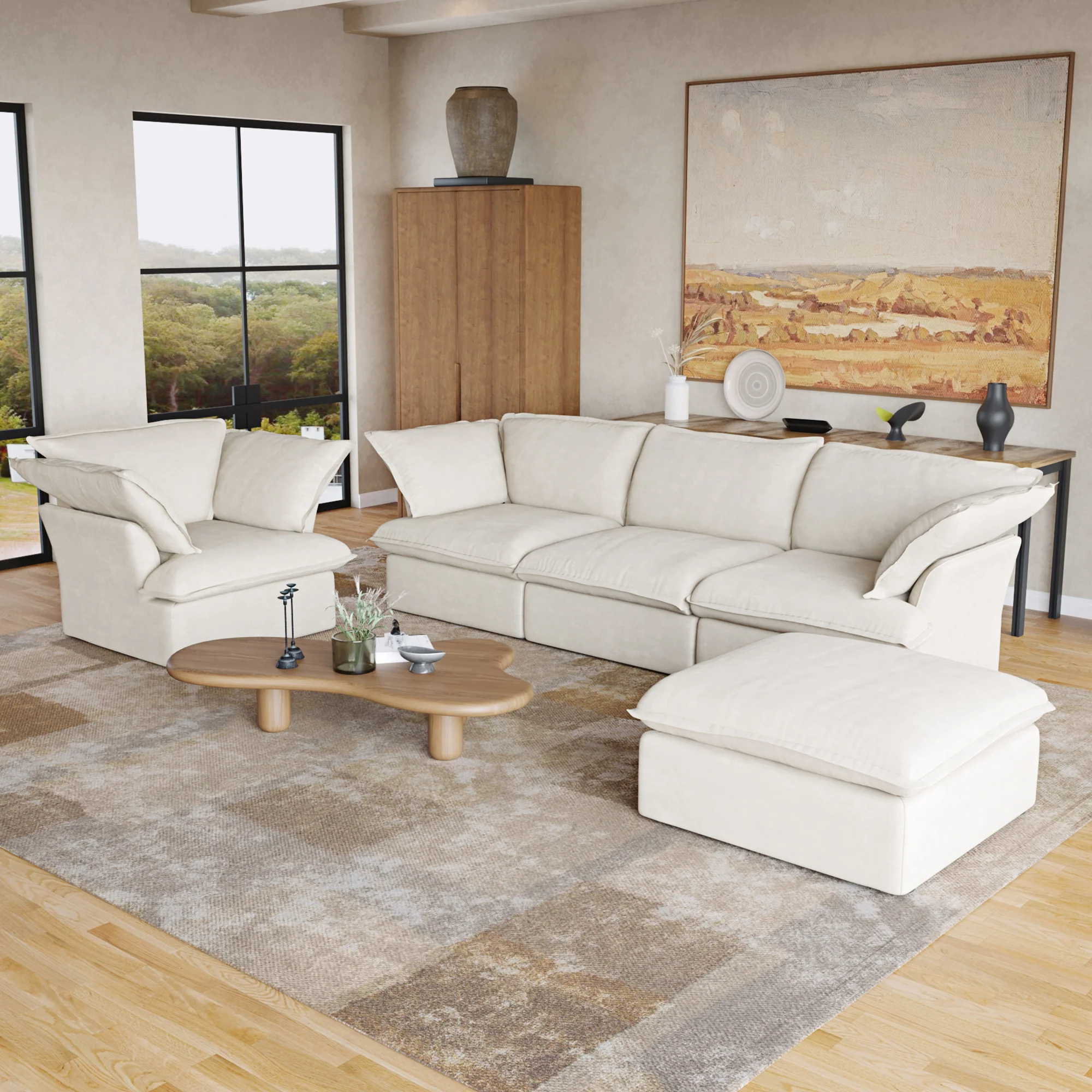 Sabi Modular Boucle Cloud Sofa - Beige - 4-Seater Sectional Sofa with Ottoman - Image 4