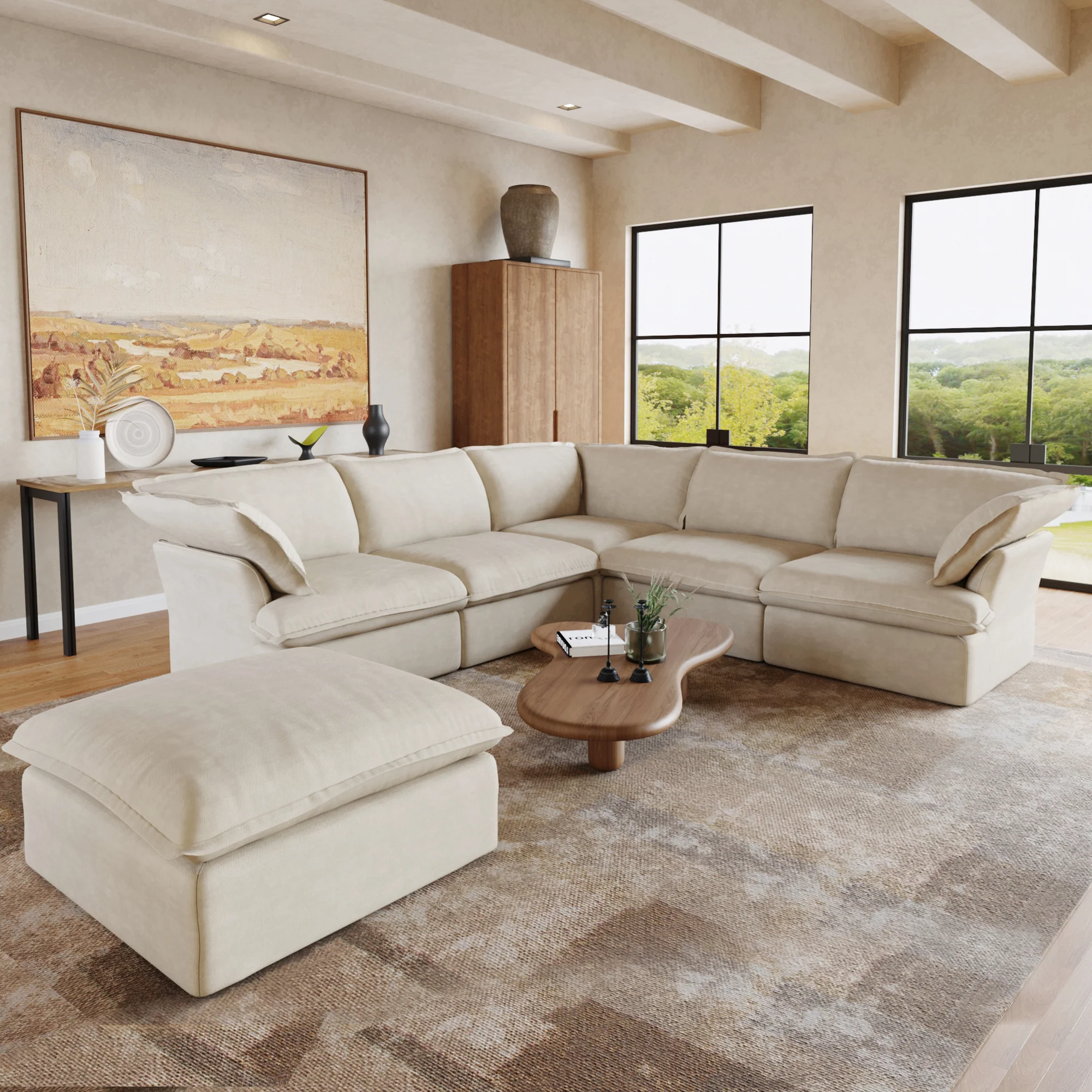Sabi Modular Boucle Cloud Sofa- Beige - 5-Seater Sectional Sofa with Ottoman