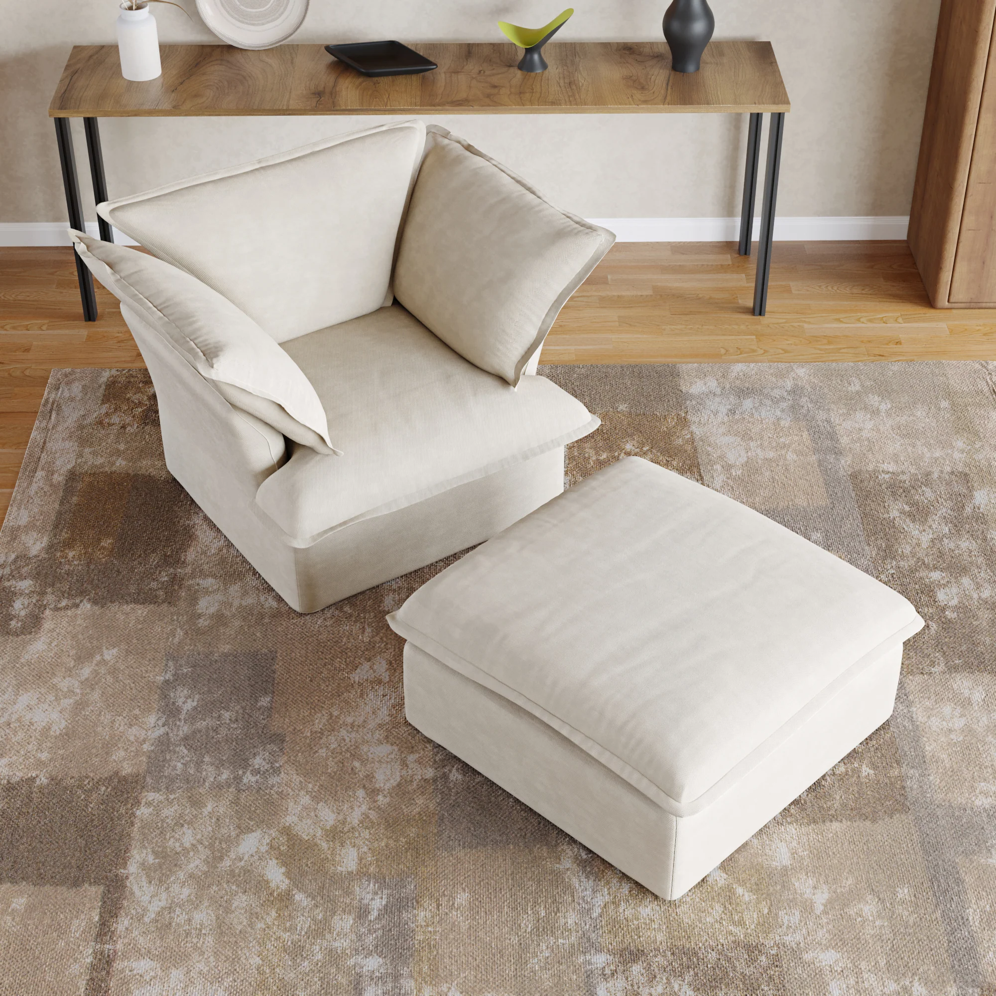 Sabi Modular Boucle Cloud Sofa- Beige - Single Seater Sofa with Ottoman