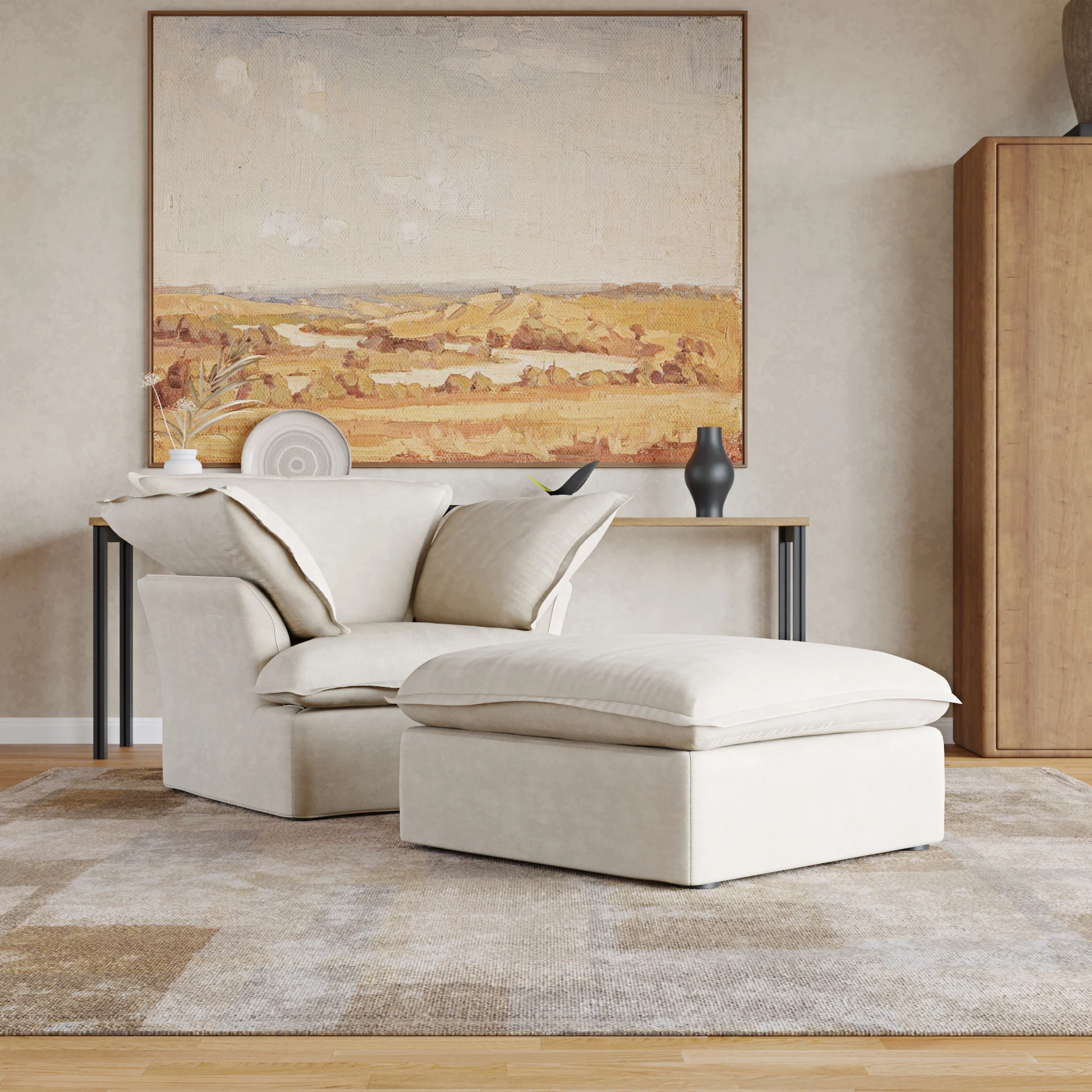 Sabi Modular Boucle Cloud Sofa- Beige - Single Seater Sofa with Ottoman - Image 2
