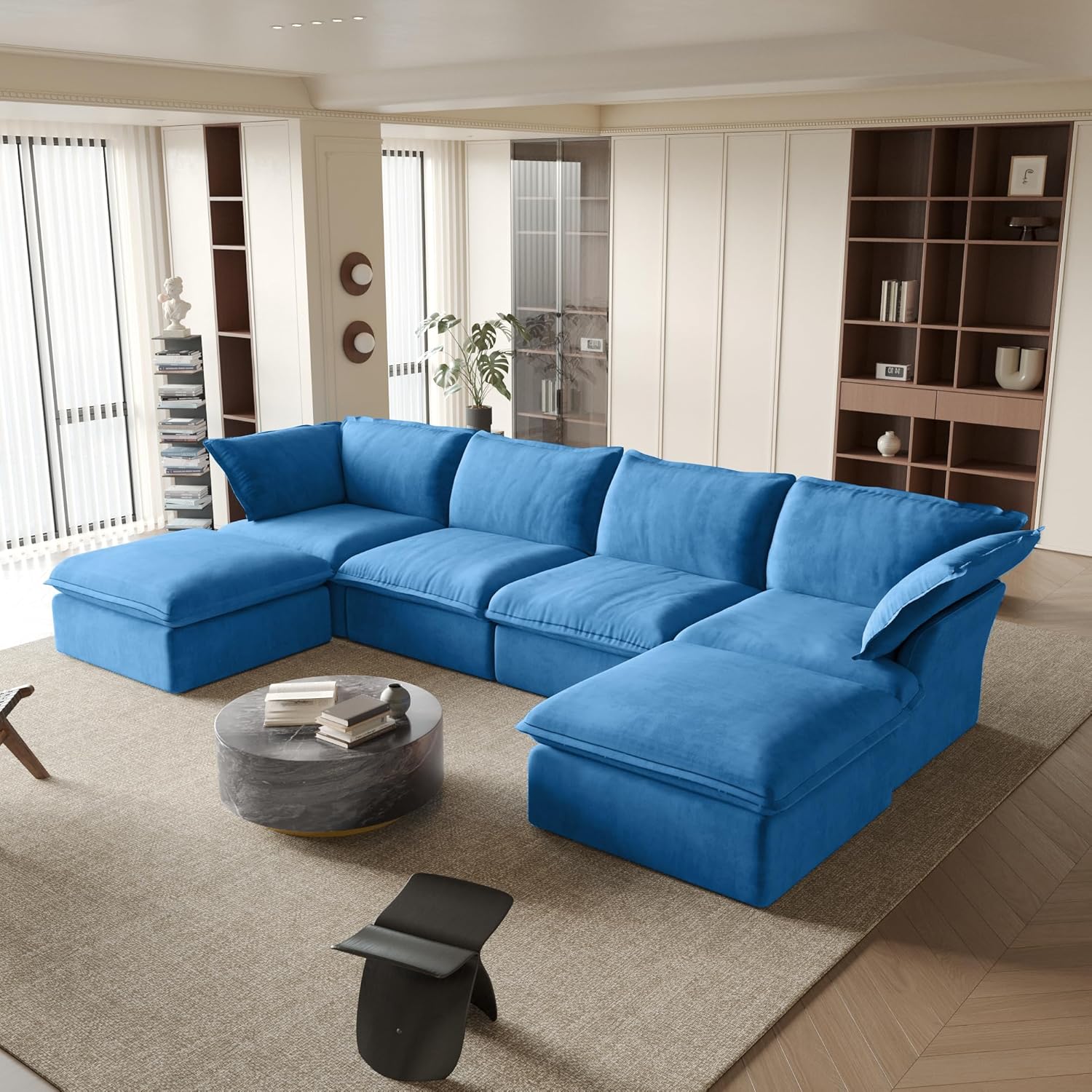 Sabi Modular Boucle Cloud Sofa - Blue - 4-Seater Sectional Sofa with 2 Ottomans - Image 4