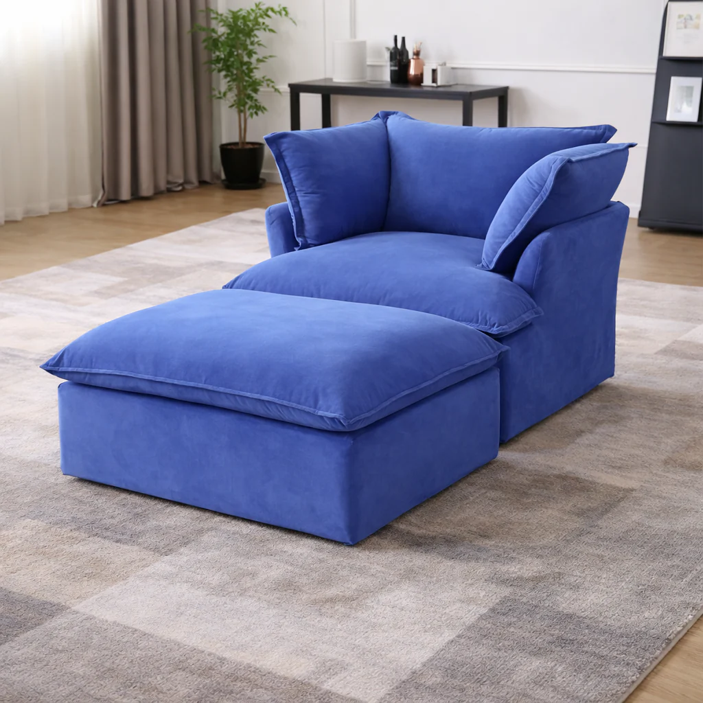 Sabi Modular Boucle Cloud Sofa - Blue - Single Seater Sofa with Ottoman