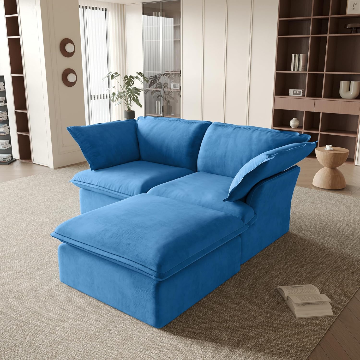 Sabi Modular Boucle Cloud Sofa - Blue - Single Seater Sofa with Ottoman - Image 2