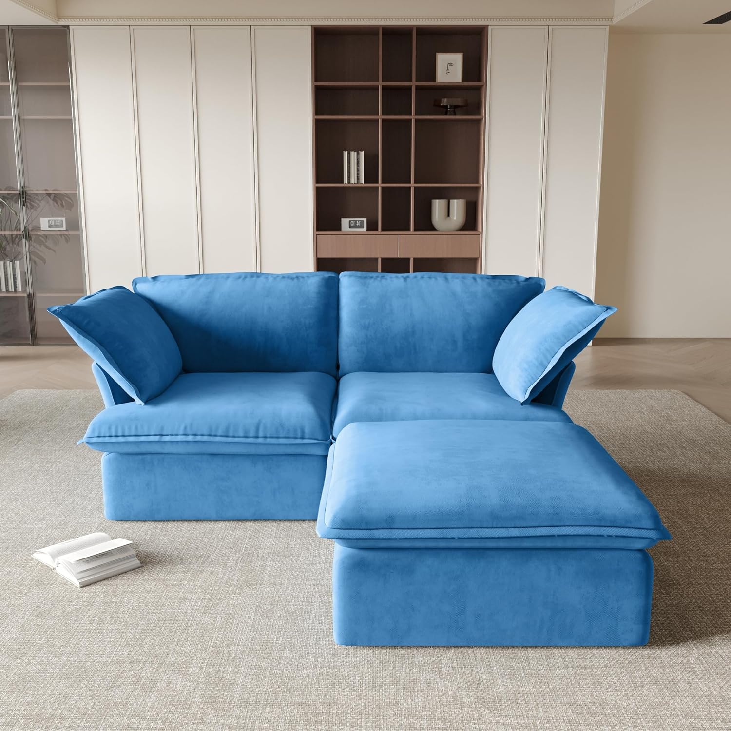 Sabi Modular Boucle Cloud Sofa - Blue - Single Seater Sofa with Ottoman - Image 3