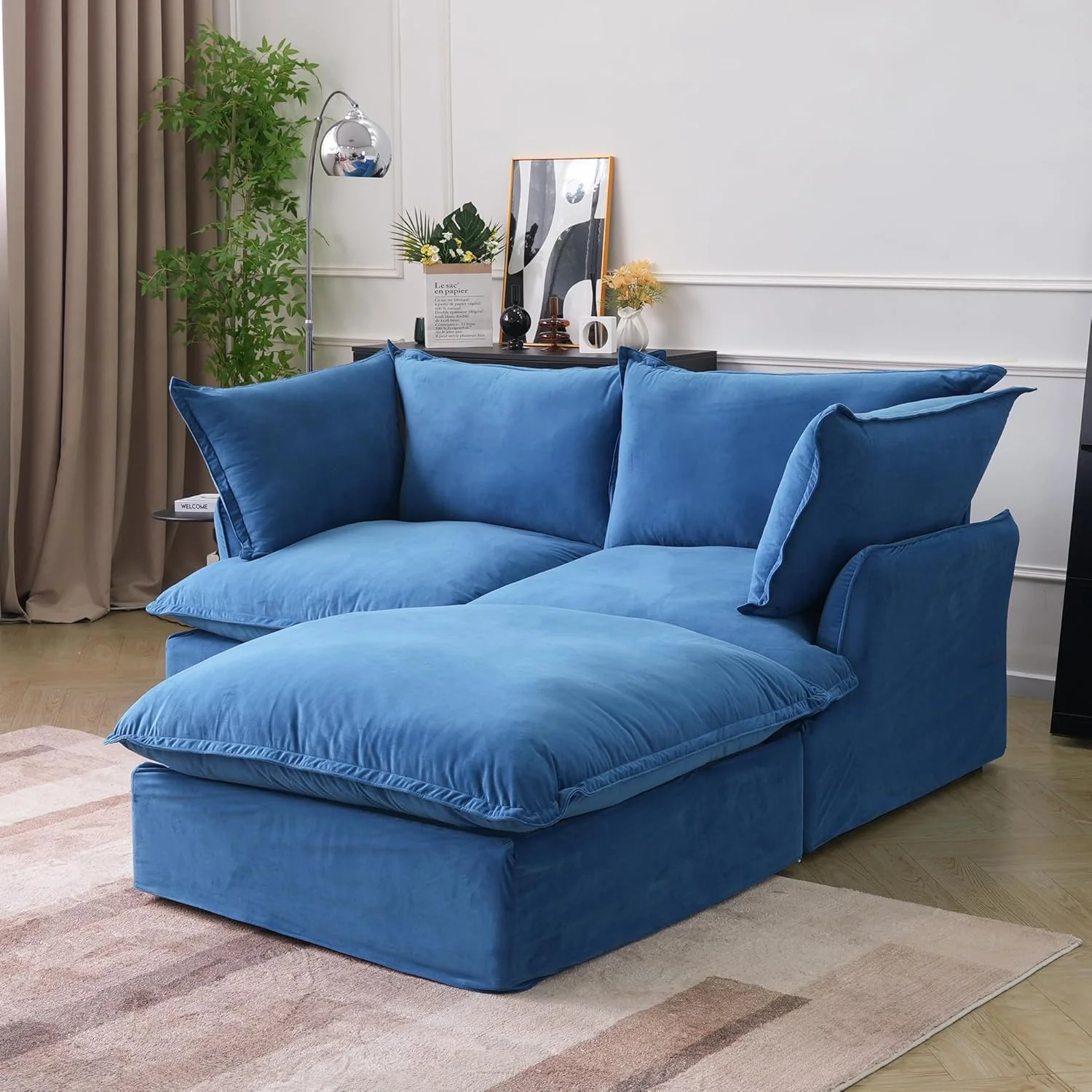 Sabi Modular Boucle Cloud Sofa - Blue - Single Seater Sofa with Ottoman - Image 4