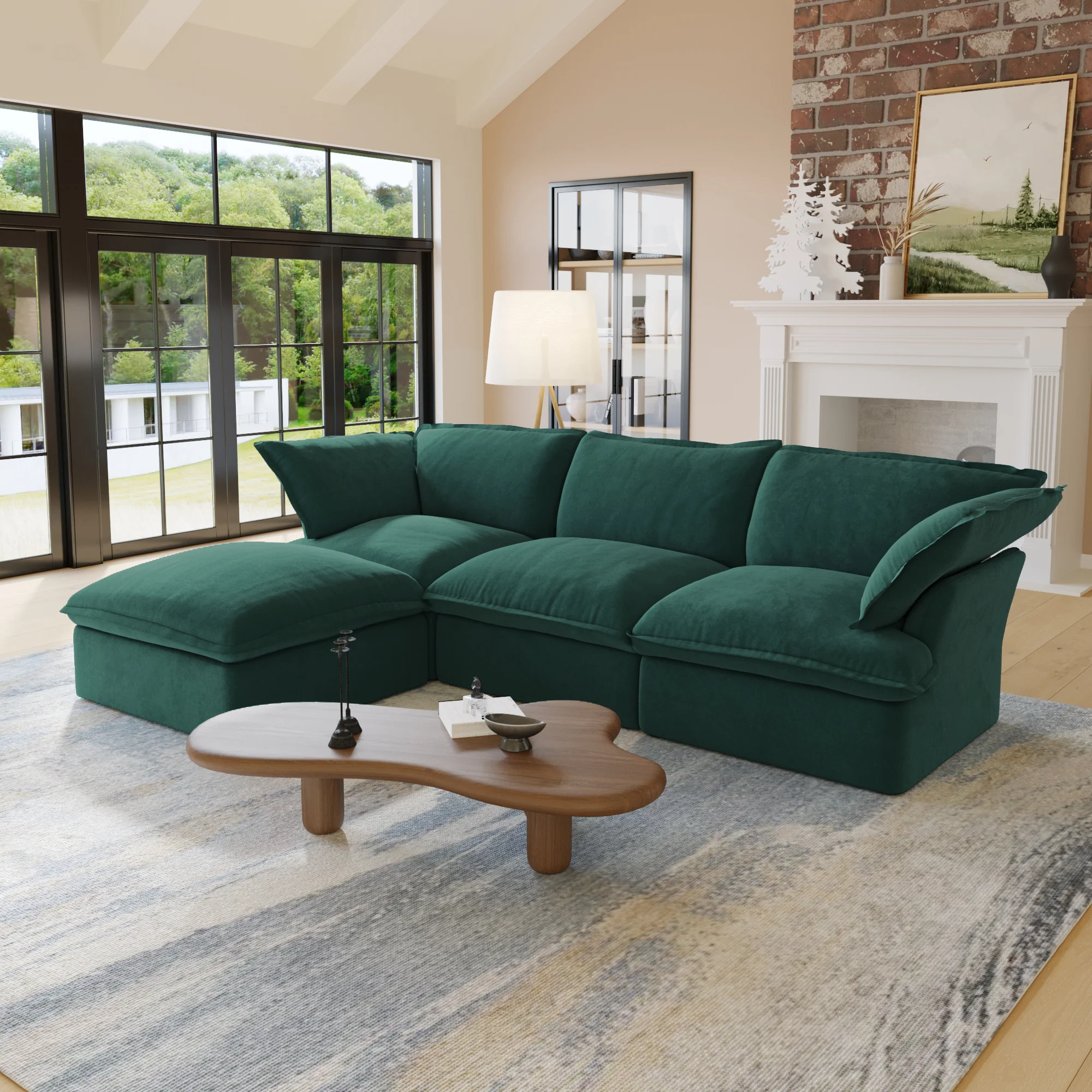 Sabi Modular Boucle Cloud Sofa - Green - 3-Seater Sectional Sofa with Ottoman - Image 2