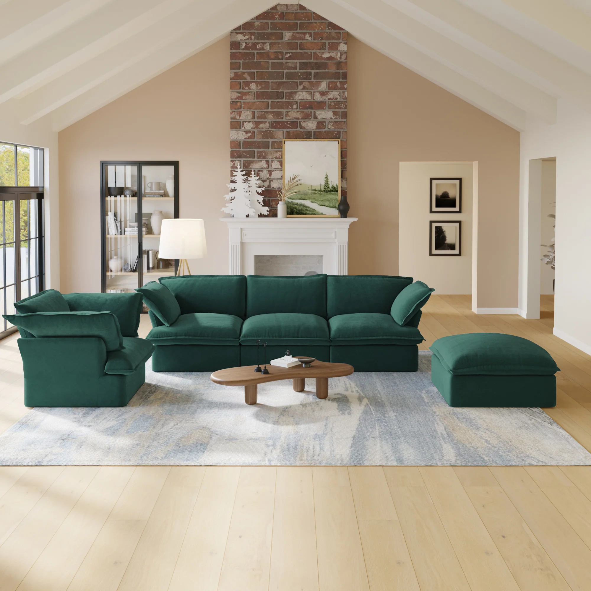 Sabi Modular Boucle Cloud Sofa - Green - 4-Seater Sectional Sofa with Ottoman - Image 2
